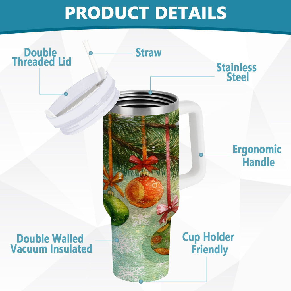 30 oz Insulated Stainless Steel Tumbler Double Wall Stainless Steel Tumbler with 2-Way Drinking Christmas Ornaments Watercolor Painting 3YZI