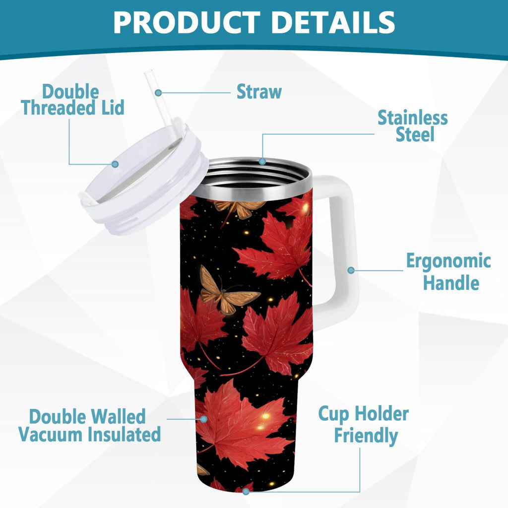 40 oz Insulated Stainless Steel Tumbler Double Wall Stainless Steel Tumbler with 2-Way Drinking Maple Leaves and Fireflies SA1A