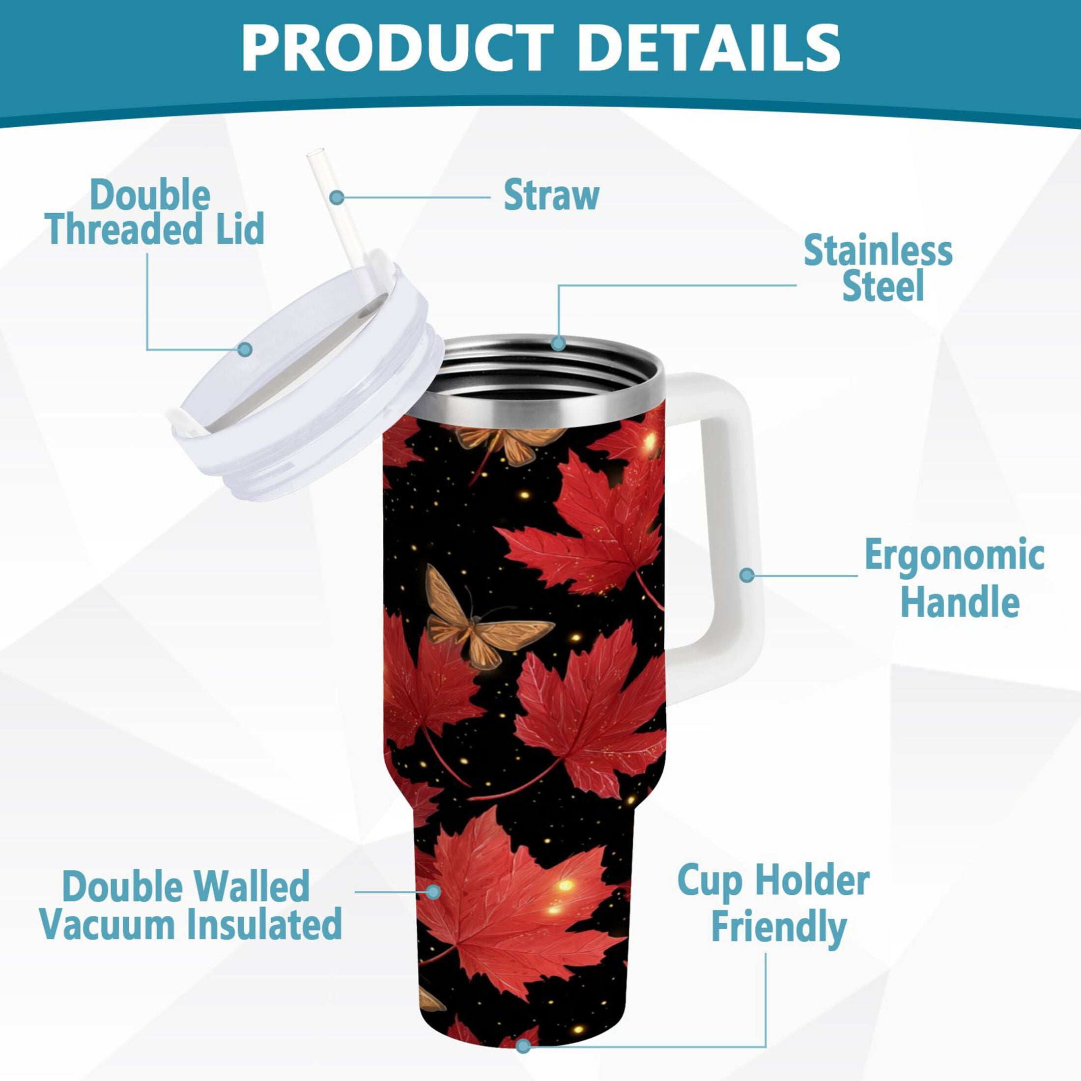 40 oz Insulated Stainless Steel Tumbler Double Wall Stainless Steel Tumbler with 2-Way Drinking Maple Leaves and Fireflies SA1A