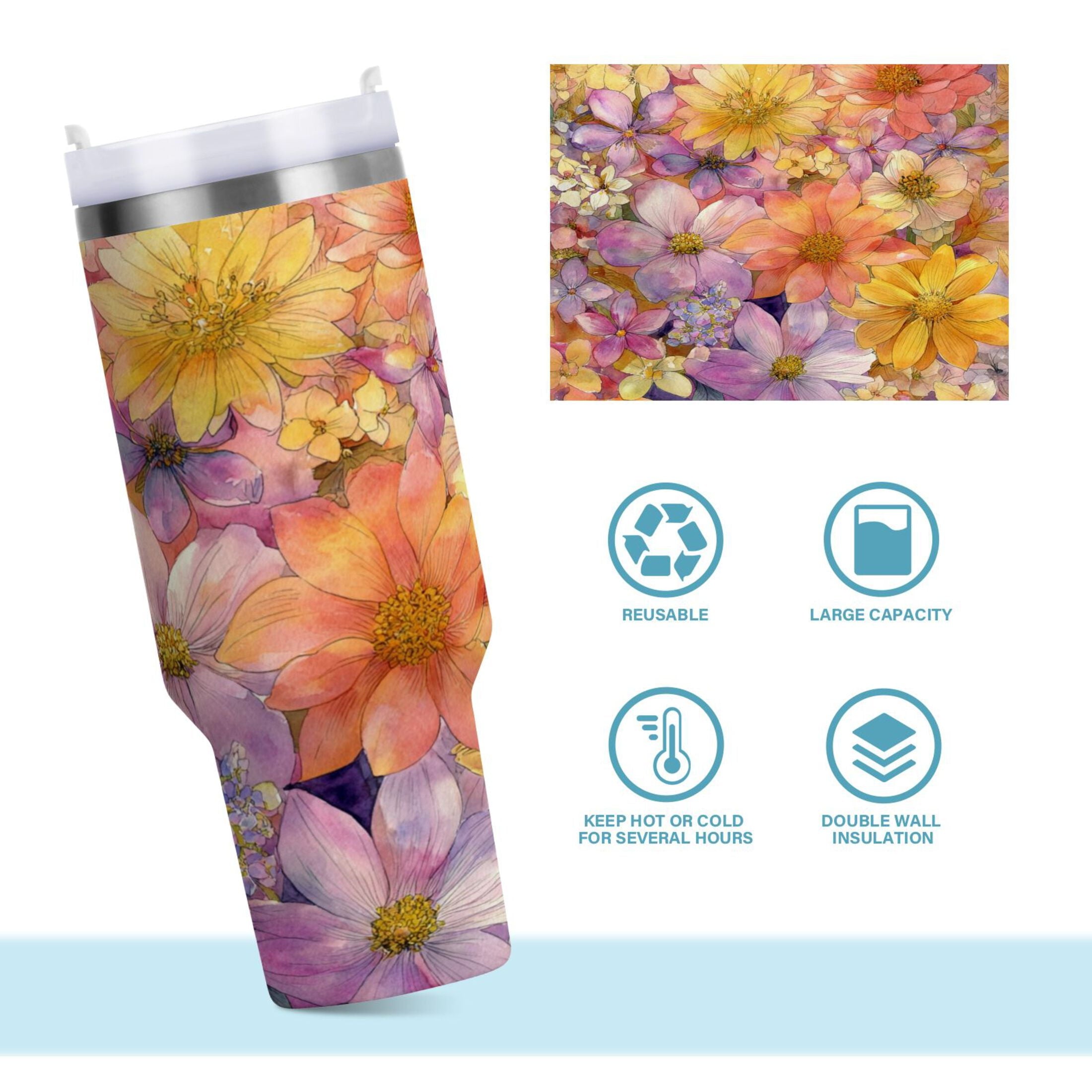 30 oz Insulated Stainless Steel Tumbler Double Wall Stainless Steel Tumbler with 2-Way Drinking Summer Blossoms QNMI