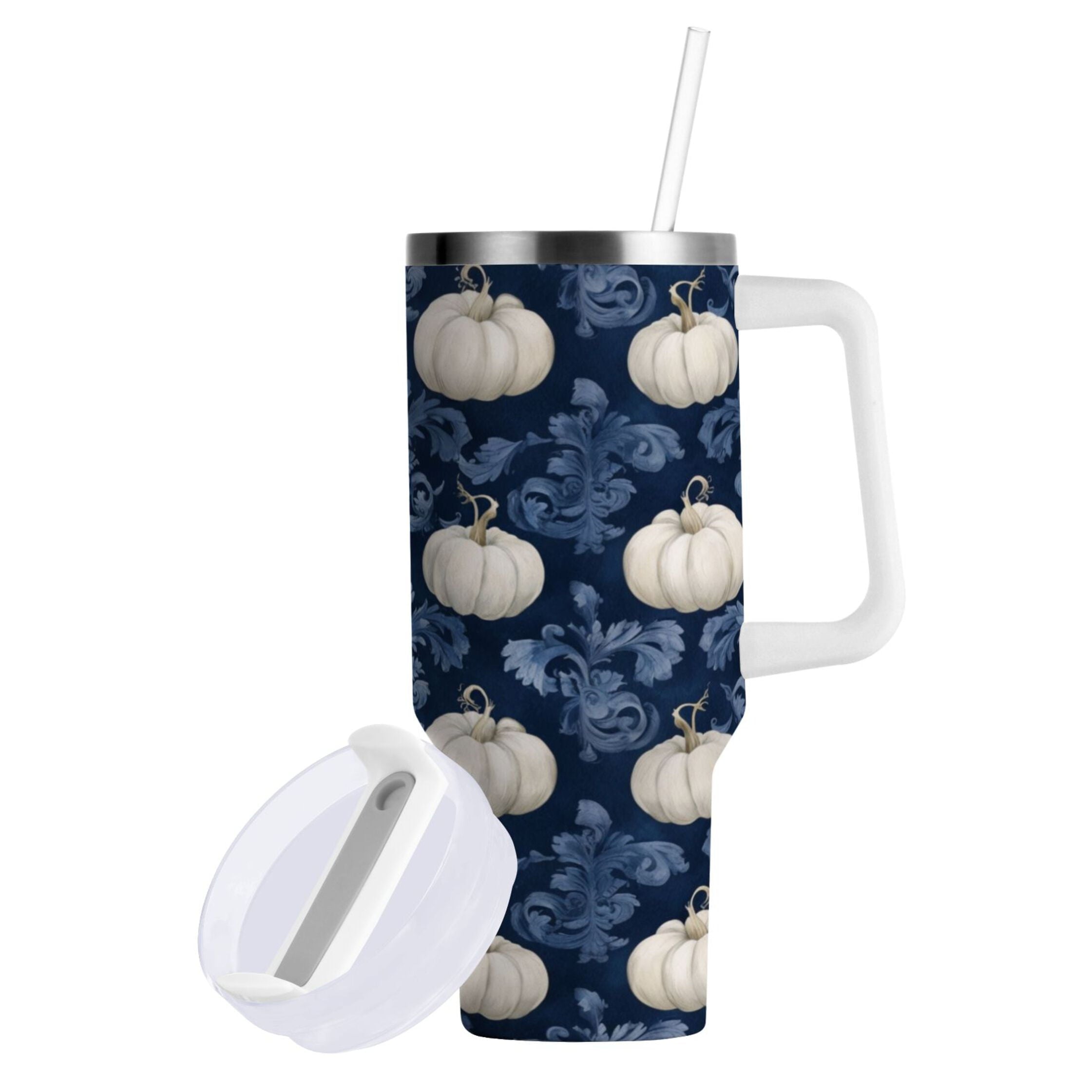 30 oz Insulated Stainless Steel Tumbler Double Wall Stainless Steel Tumbler with 2-Way Drinking Watercolor White Pumpkins OJLT