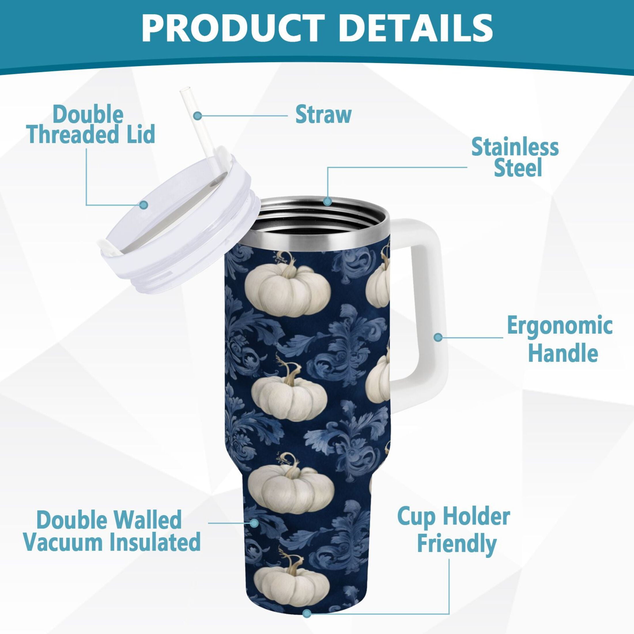 30 oz Insulated Stainless Steel Tumbler Double Wall Stainless Steel Tumbler with 2-Way Drinking Watercolor White Pumpkins OJLT