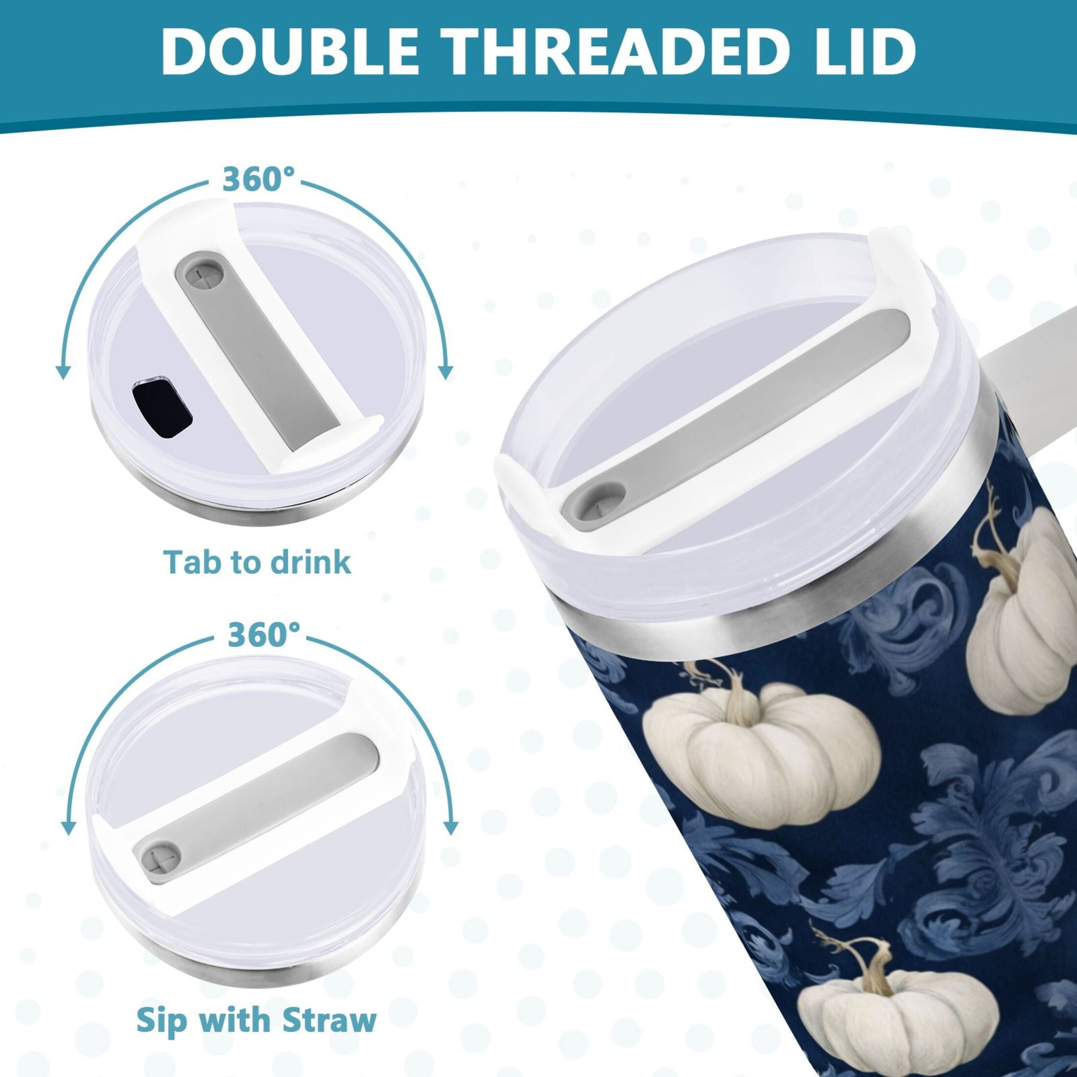 30 oz Insulated Stainless Steel Tumbler Double Wall Stainless Steel Tumbler with 2-Way Drinking Watercolor White Pumpkins OJLT