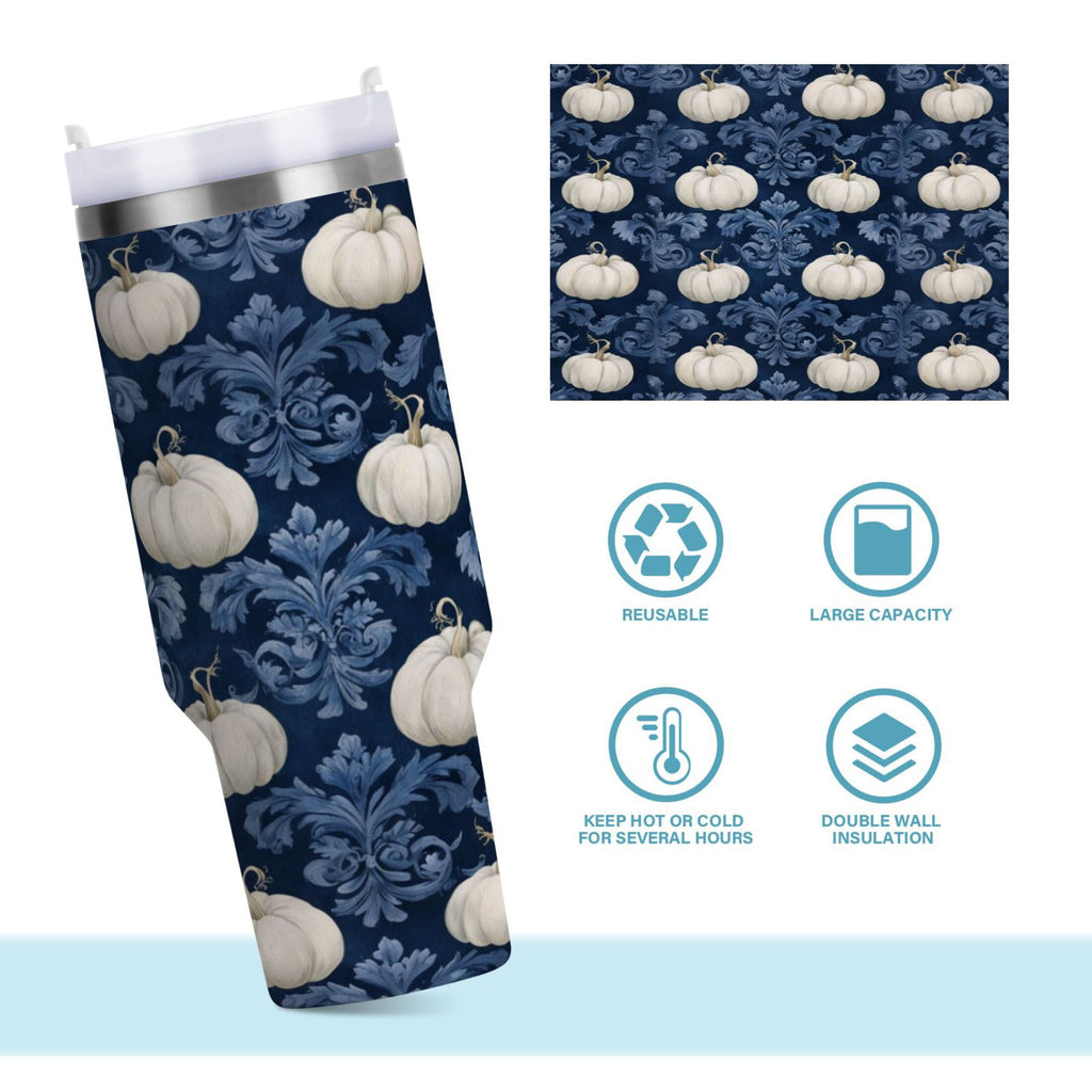 30 oz Insulated Stainless Steel Tumbler Double Wall Stainless Steel Tumbler with 2-Way Drinking Watercolor White Pumpkins OJLT