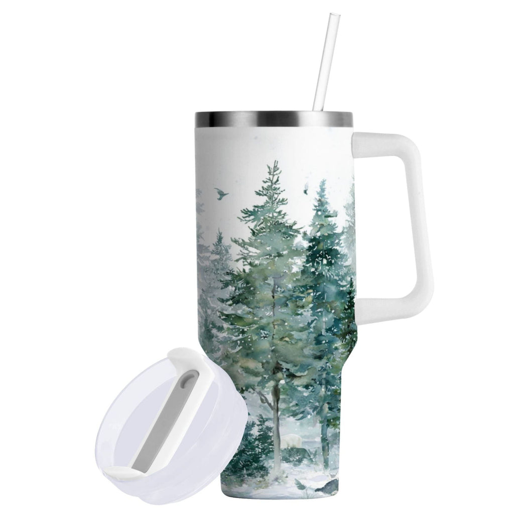 30 oz Insulated Stainless Steel Tumbler Double Wall Stainless Steel Tumbler with 2-Way Drinking Green Snowy Forest Scene F002