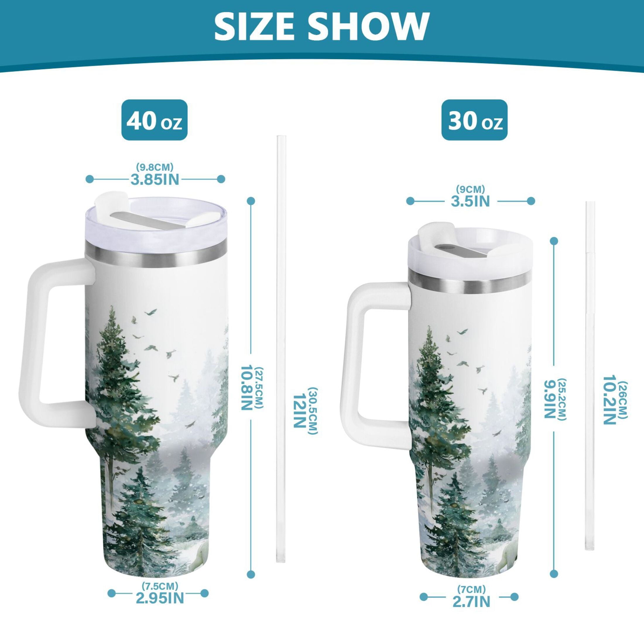 30 oz Insulated Stainless Steel Tumbler Double Wall Stainless Steel Tumbler with 2-Way Drinking Green Snowy Forest Scene F002