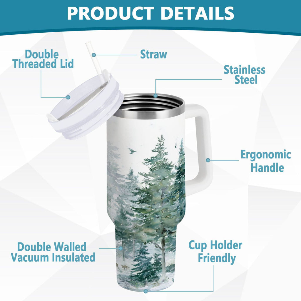 30 oz Insulated Stainless Steel Tumbler Double Wall Stainless Steel Tumbler with 2-Way Drinking Green Snowy Forest Scene F002