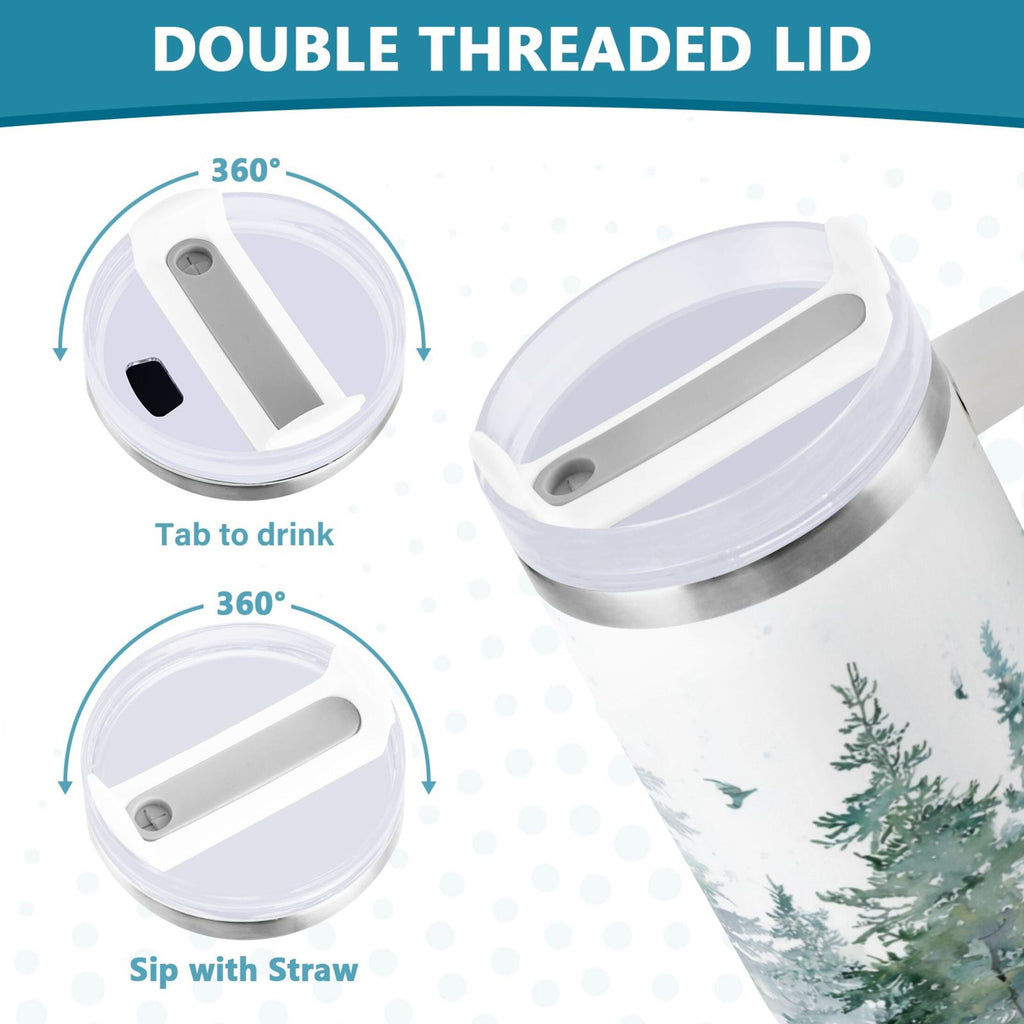 30 oz Insulated Stainless Steel Tumbler Double Wall Stainless Steel Tumbler with 2-Way Drinking Green Snowy Forest Scene F002