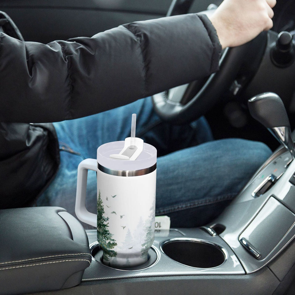 30 oz Insulated Stainless Steel Tumbler Double Wall Stainless Steel Tumbler with 2-Way Drinking Green Snowy Forest Scene F002