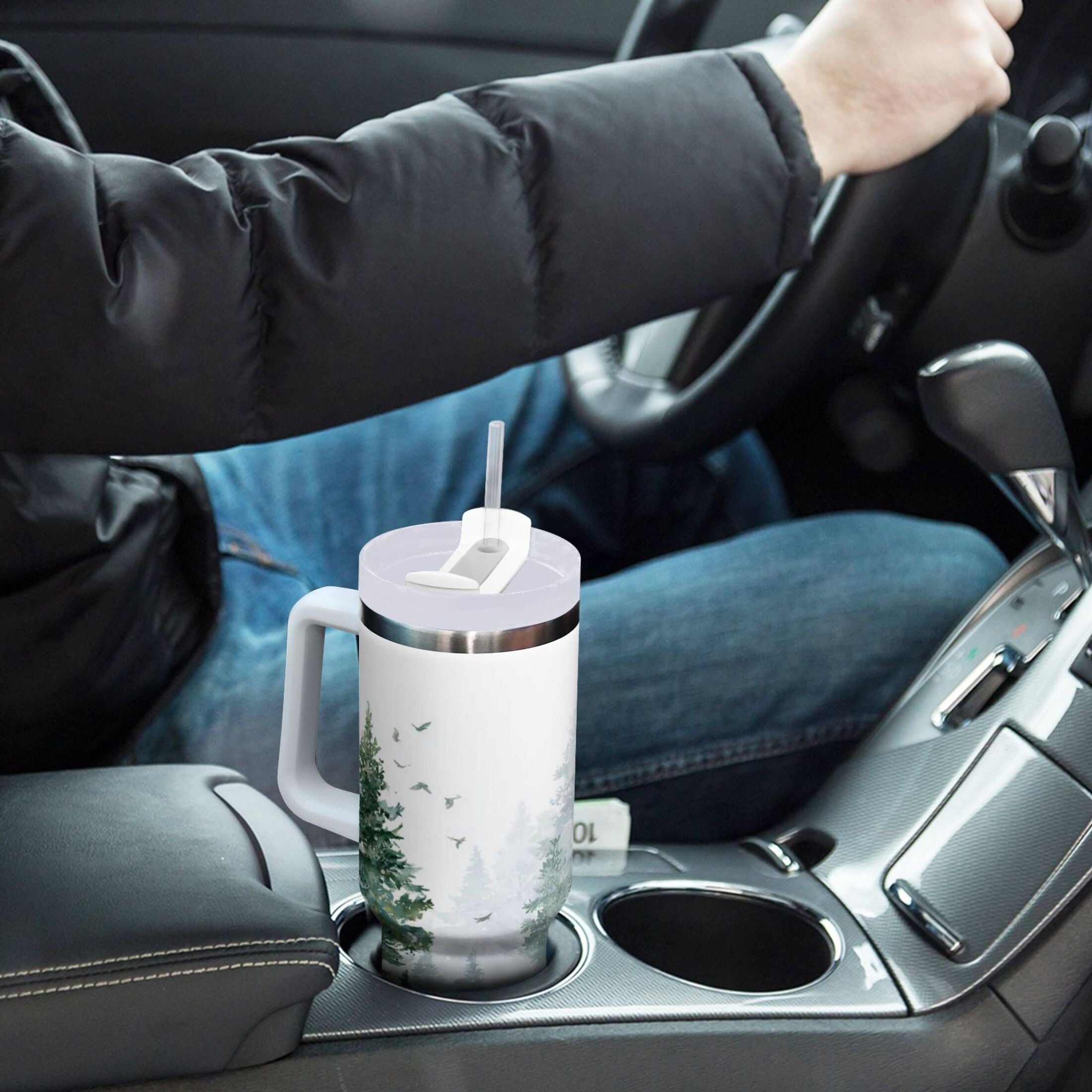 30 oz Insulated Stainless Steel Tumbler Double Wall Stainless Steel Tumbler with 2-Way Drinking Green Snowy Forest Scene F002