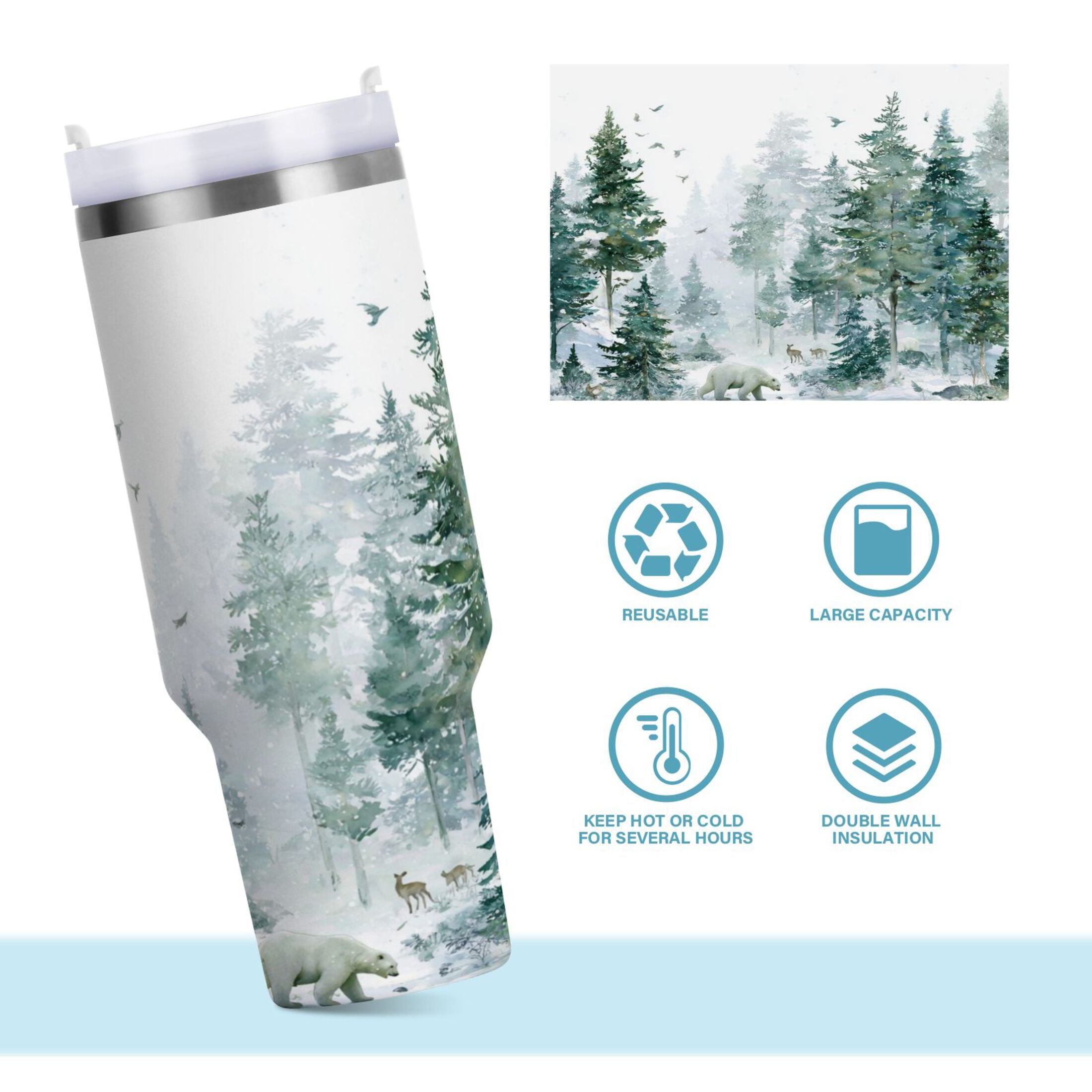 30 oz Insulated Stainless Steel Tumbler Double Wall Stainless Steel Tumbler with 2-Way Drinking Green Snowy Forest Scene F002
