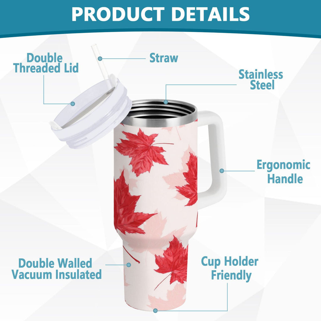 40 oz Insulated Stainless Steel Tumbler Double Wall Stainless Steel Tumbler with 2-Way Drinking Red Maple Leaves Pattern BVSZ
