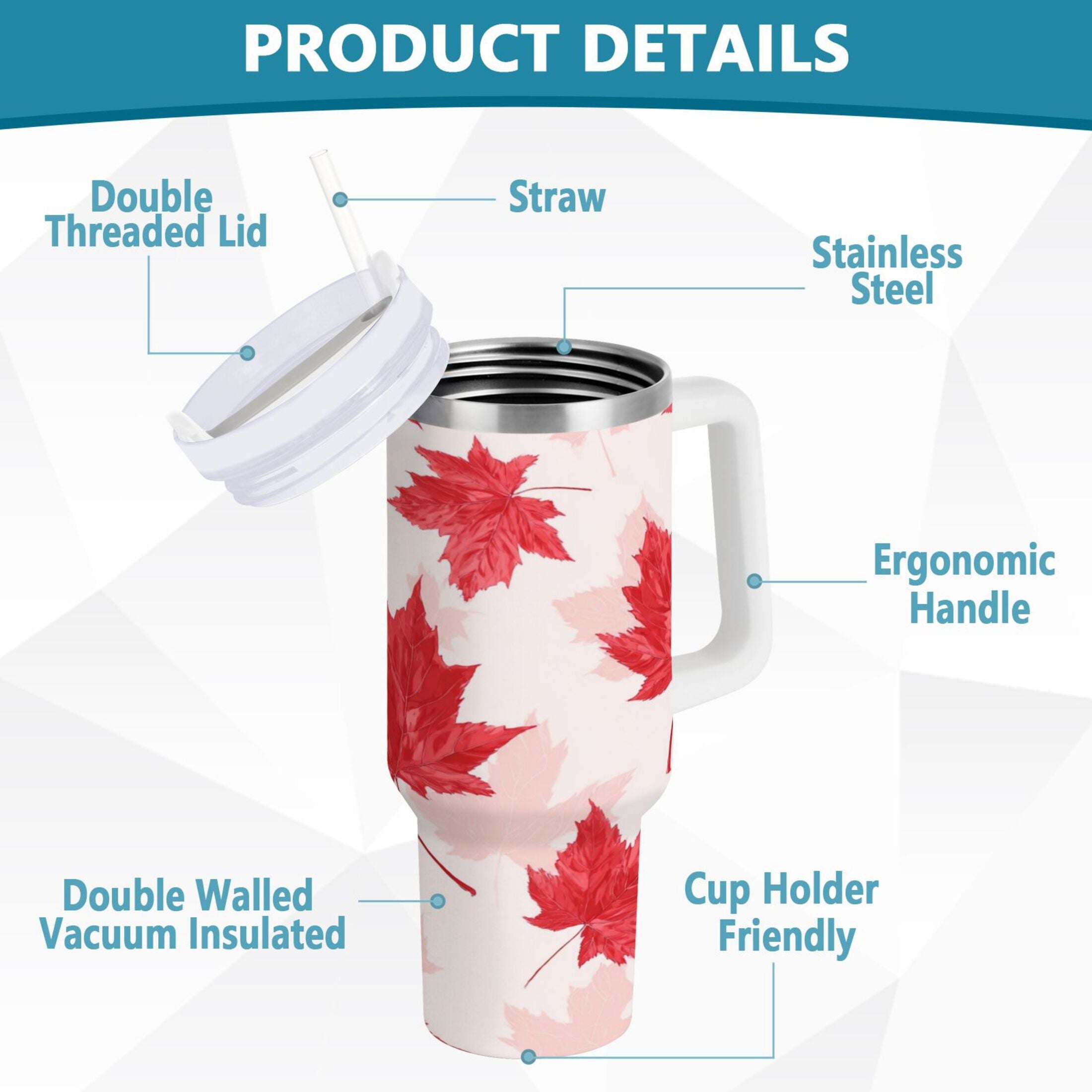 40 oz Insulated Stainless Steel Tumbler Double Wall Stainless Steel Tumbler with 2-Way Drinking Red Maple Leaves Pattern BVSZ