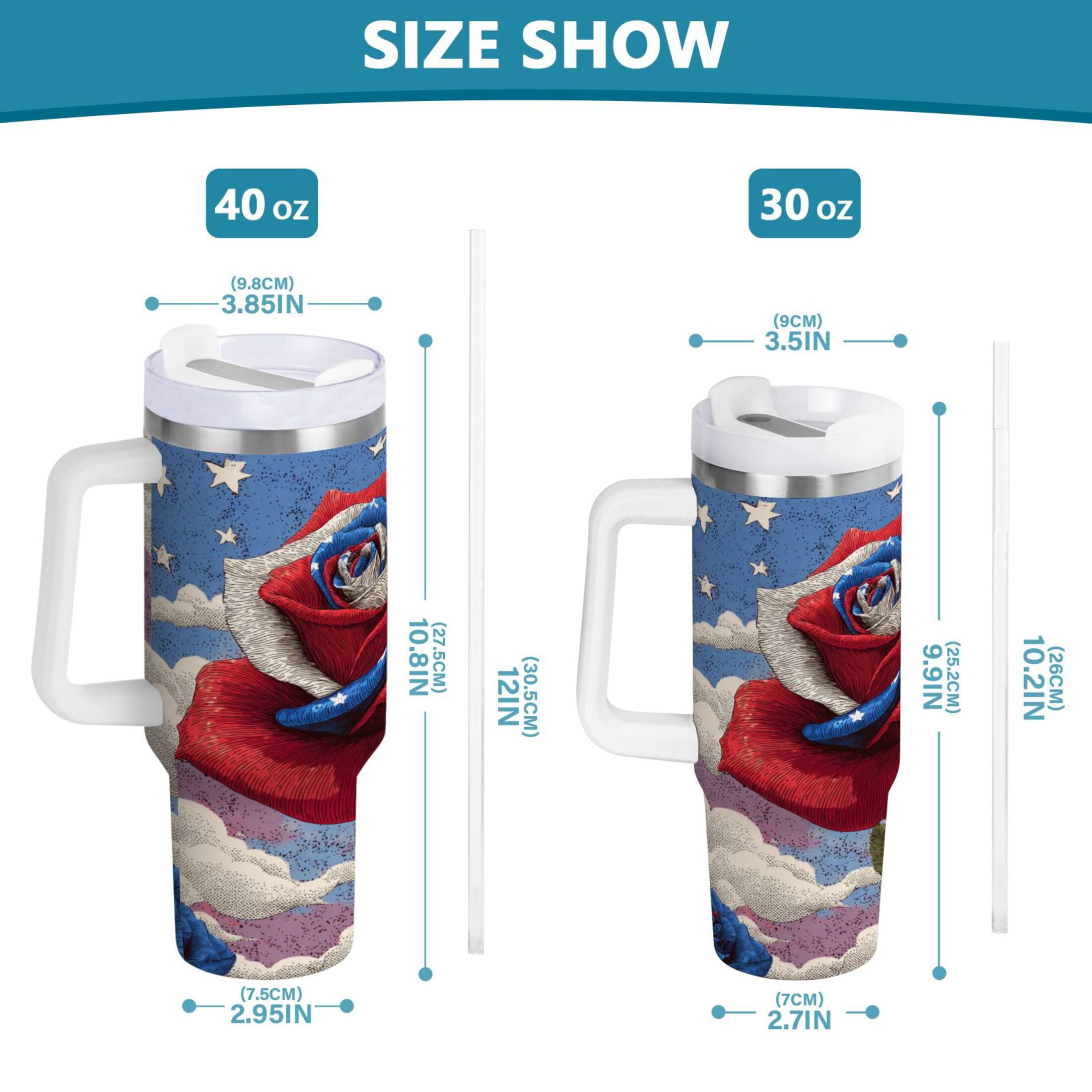 40 oz Insulated Stainless Steel Tumbler Double Wall Stainless Steel Tumbler with 2-Way Drinking Roses and Clouds TPIW