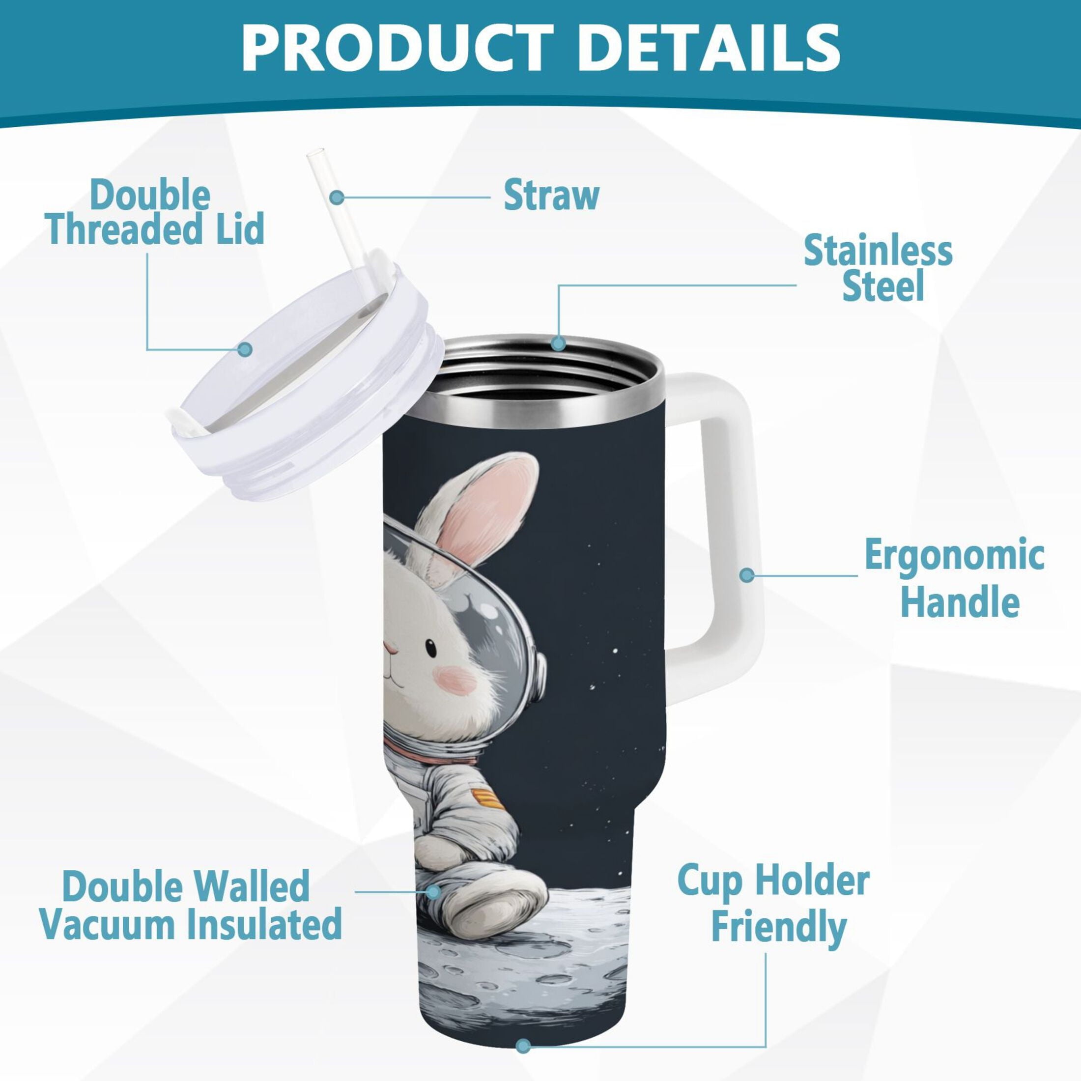 40 oz Insulated Stainless Steel Tumbler Double Wall Stainless Steel Tumbler with 2-Way Drinking Rabbit in A Space MKE4