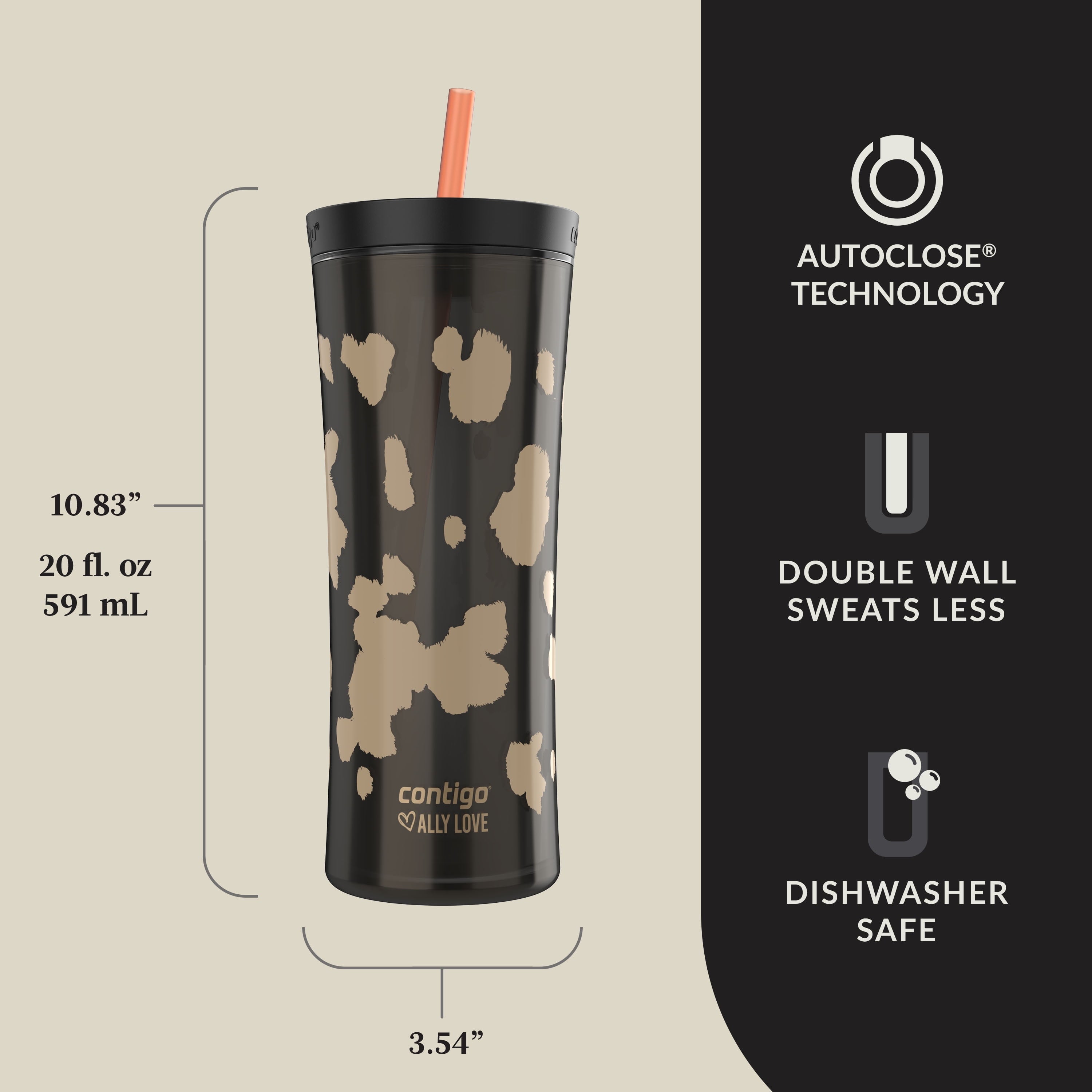 Contigo 20oz Shake &amp; Go Tumbler, Plastic with Straw, Licorice Cowhide Couture C6JL