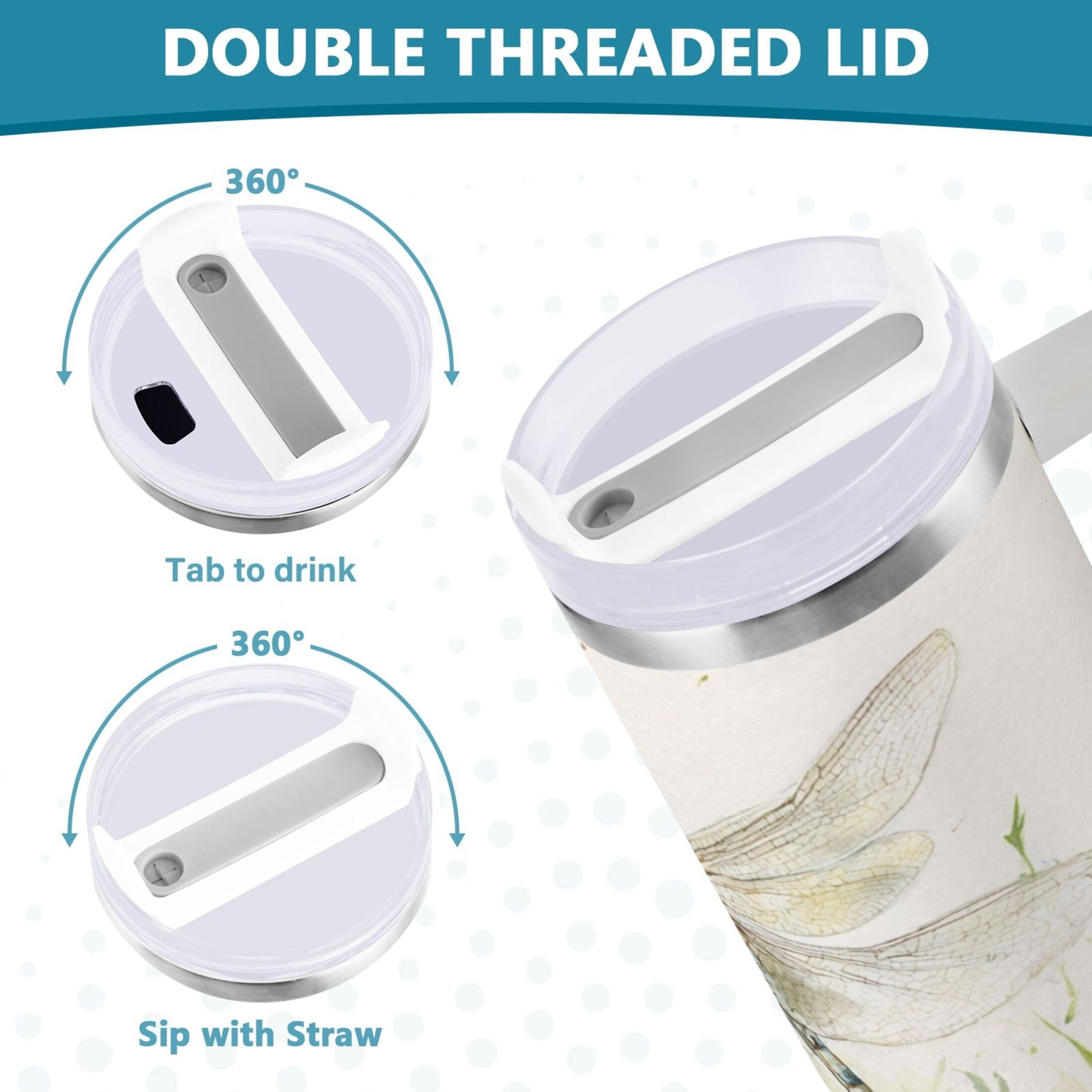 30 oz Insulated Stainless Steel Tumbler Double Wall Stainless Steel Tumbler with 2-Way Drinking Dragonflies with White Daisies B8DD