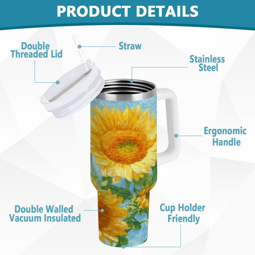 40 oz Insulated Stainless Steel Tumbler Double Wall Stainless Steel Tumbler with 2-Way Drinking Sunflower Oil Painting HC1G