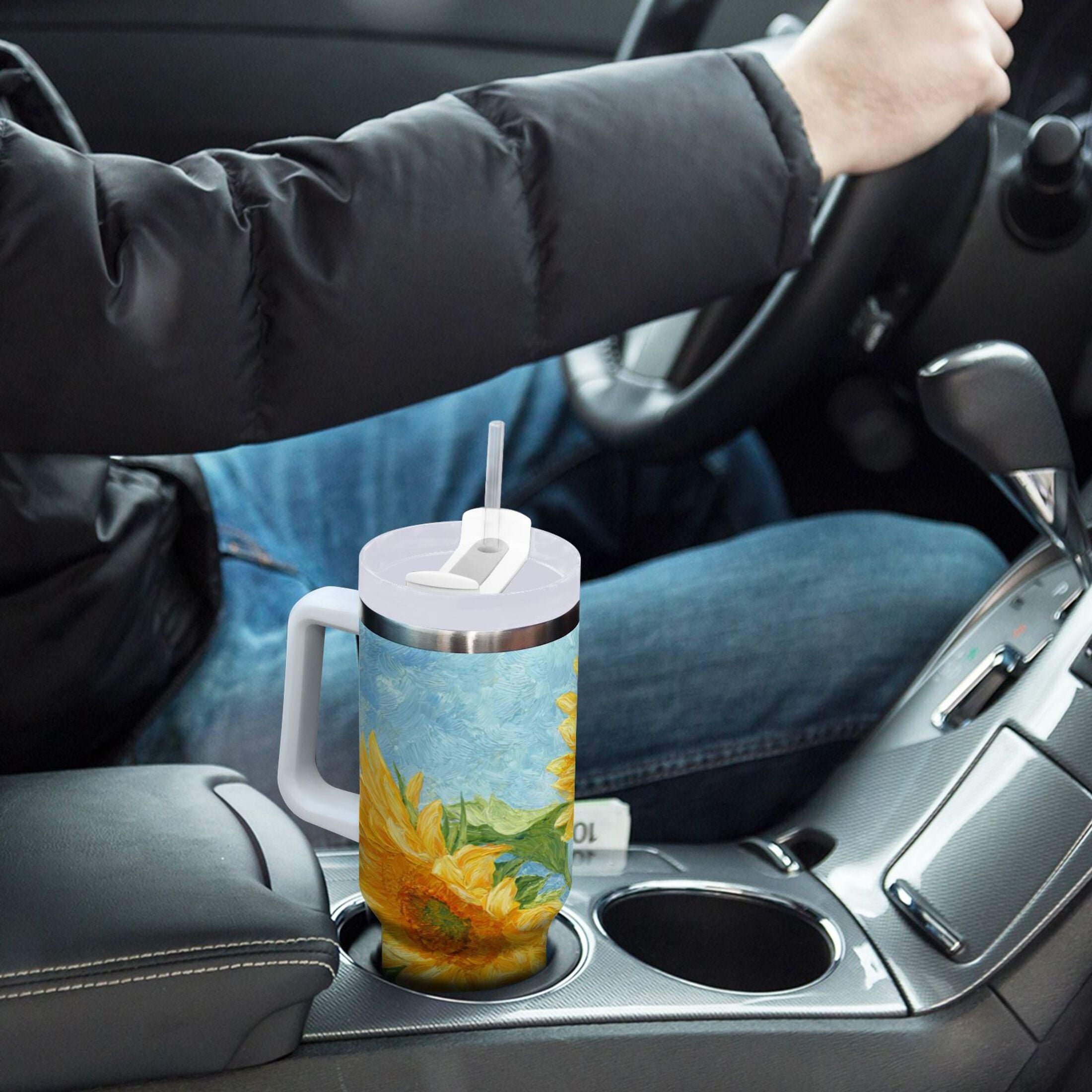 40 oz Insulated Stainless Steel Tumbler Double Wall Stainless Steel Tumbler with 2-Way Drinking Sunflower Oil Painting HC1G