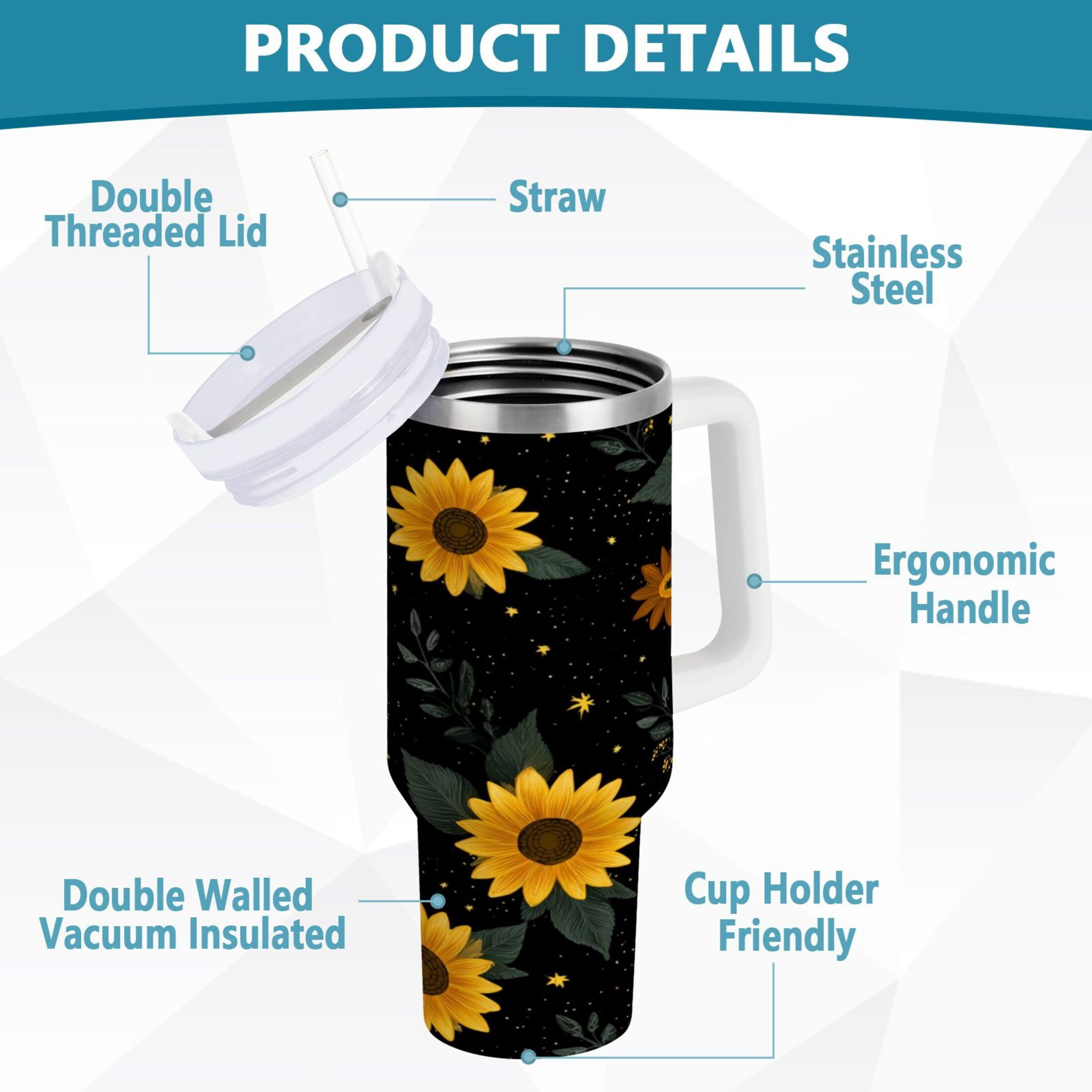 30 oz Insulated Stainless Steel Tumbler Double Wall Stainless Steel Tumbler with 2-Way Drinking Yellow Sunflower Pattern CKD8