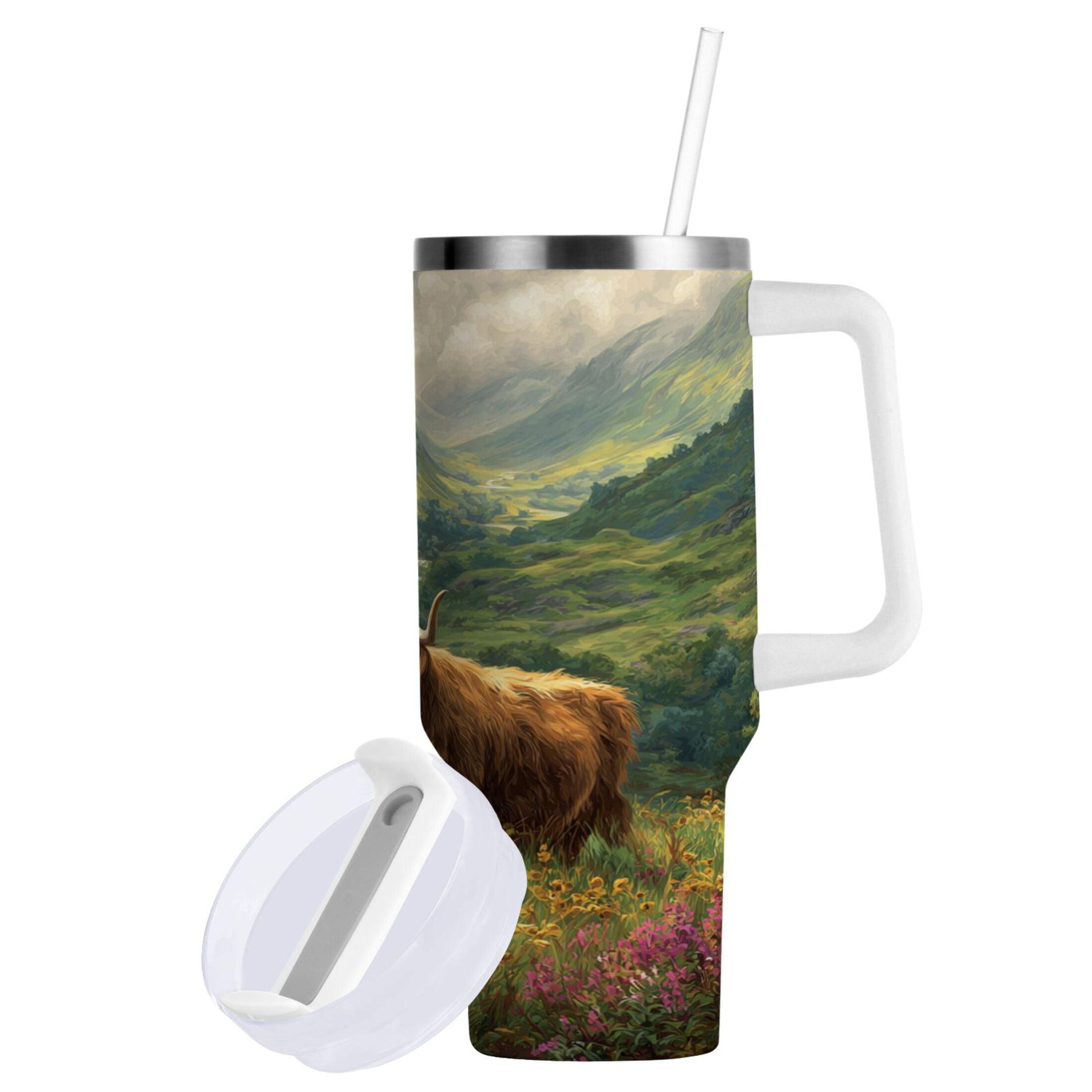 30 oz Insulated Stainless Steel Tumbler Double Wall Stainless Steel Tumbler with 2-Way Drinking Cow in Green Rolling Hills Q5MV