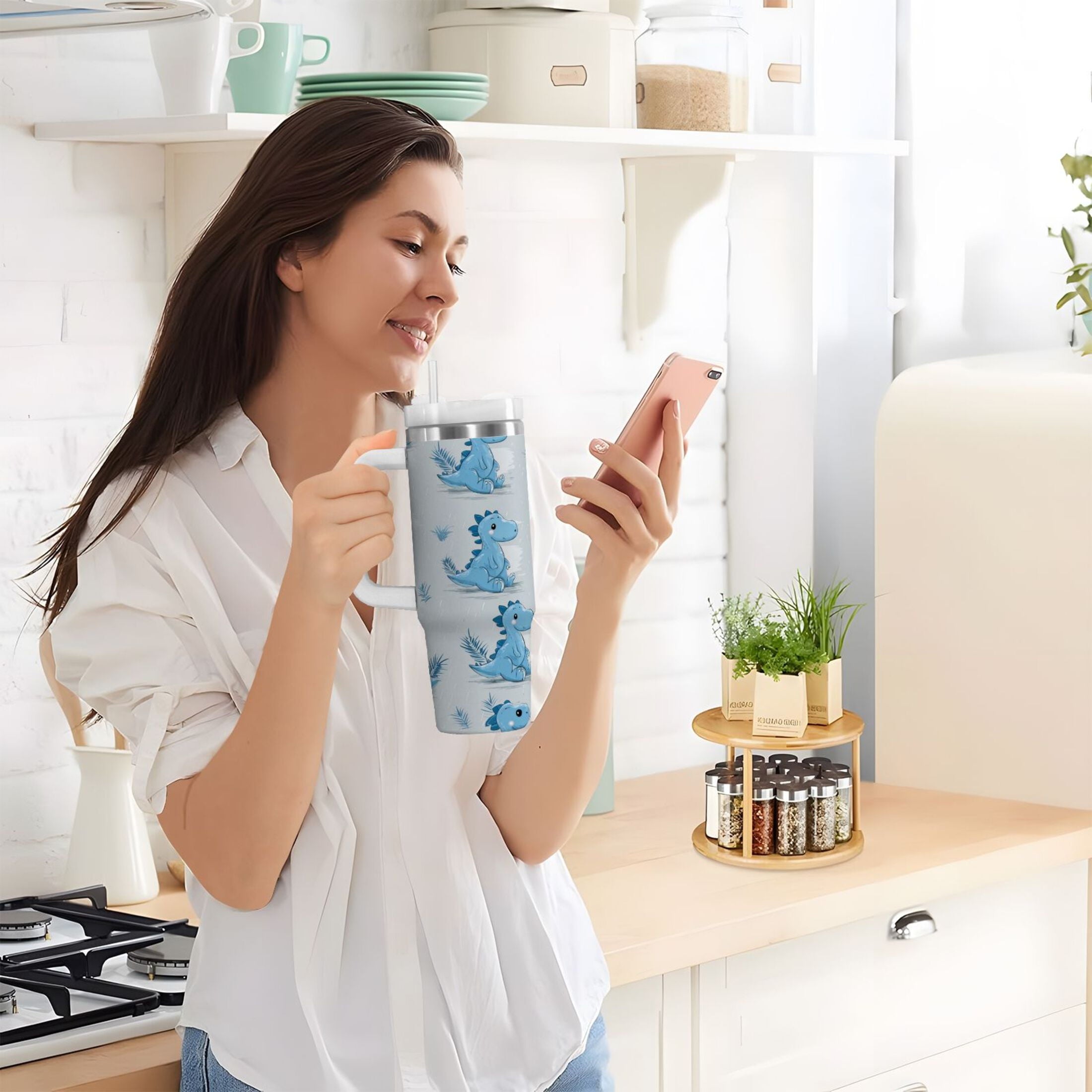 30 oz Insulated Stainless Steel Tumbler Double Wall Stainless Steel Tumbler with 2-Way Drinking Cartoon Blue Dinosaurs FNMJ