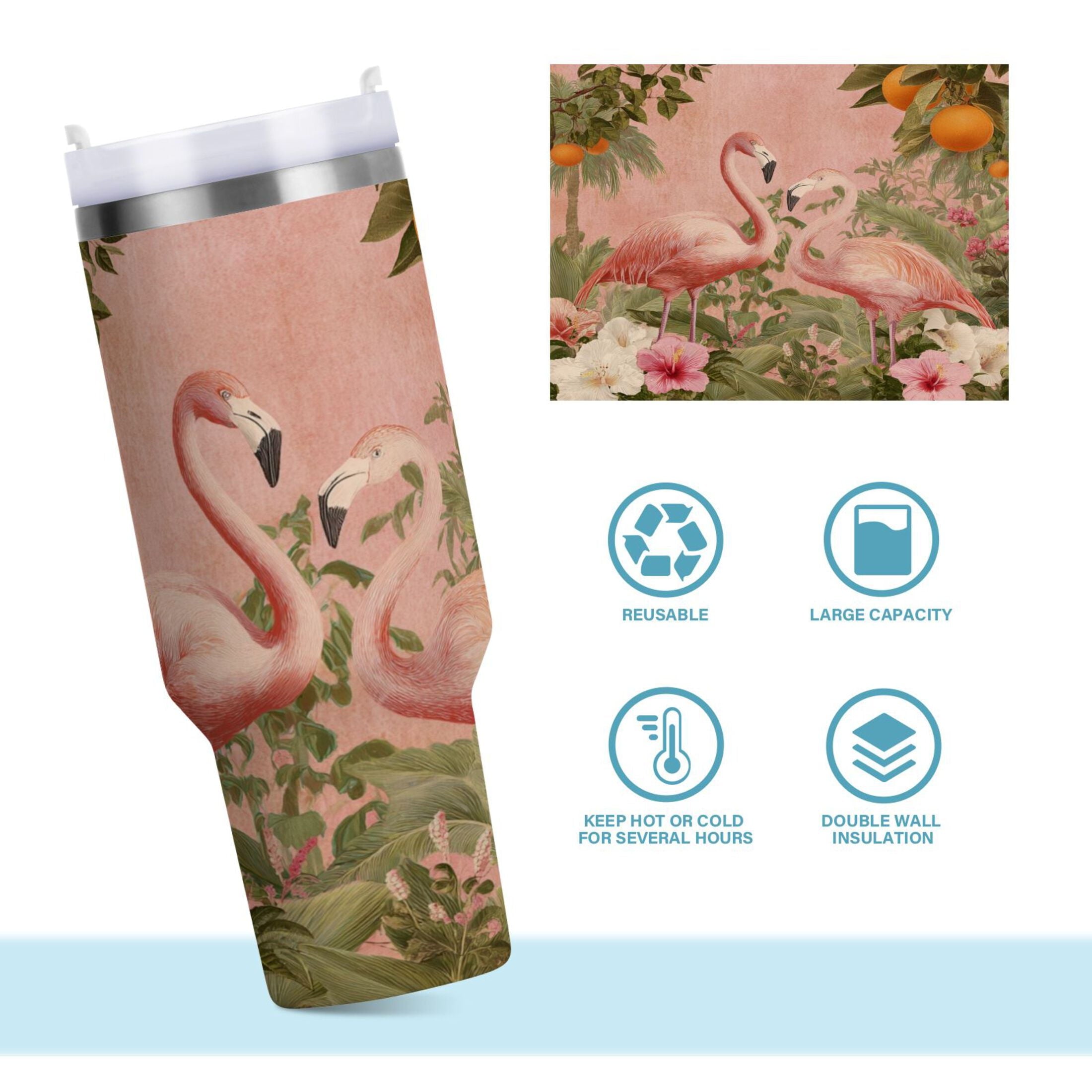 40 oz Insulated Stainless Steel Tumbler Double Wall Stainless Steel Tumbler with 2-Way Drinking Flamingos in Tropical Garden EDBC