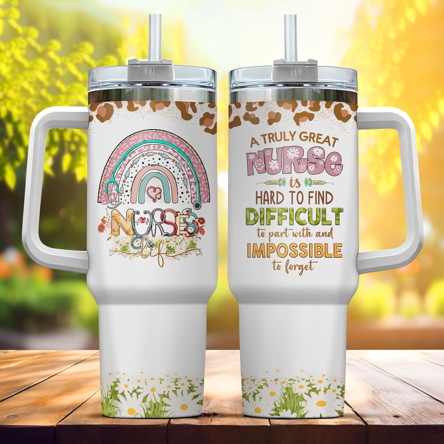 Tumbler 40 Oz With Handle Lid And Straw, Nurse Gifts, Black Camo White Engraved Print Travel Nurses Tumblers Handle Funny Cups Nursing For, Great Nurse Rainbow Daisy Flower DI5R