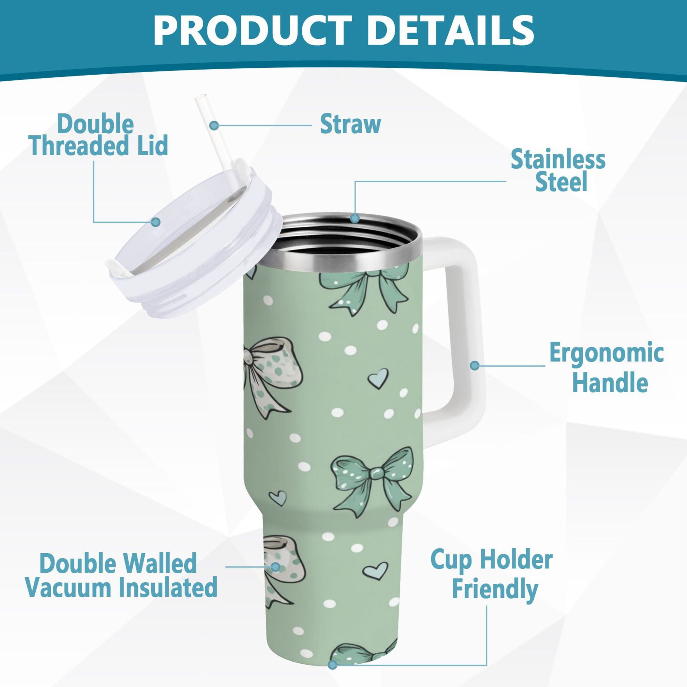 30 oz Insulated Stainless Steel Tumbler Double Wall Stainless Steel Tumbler with 2-Way Drinking Green and Mint Bows ISJ6