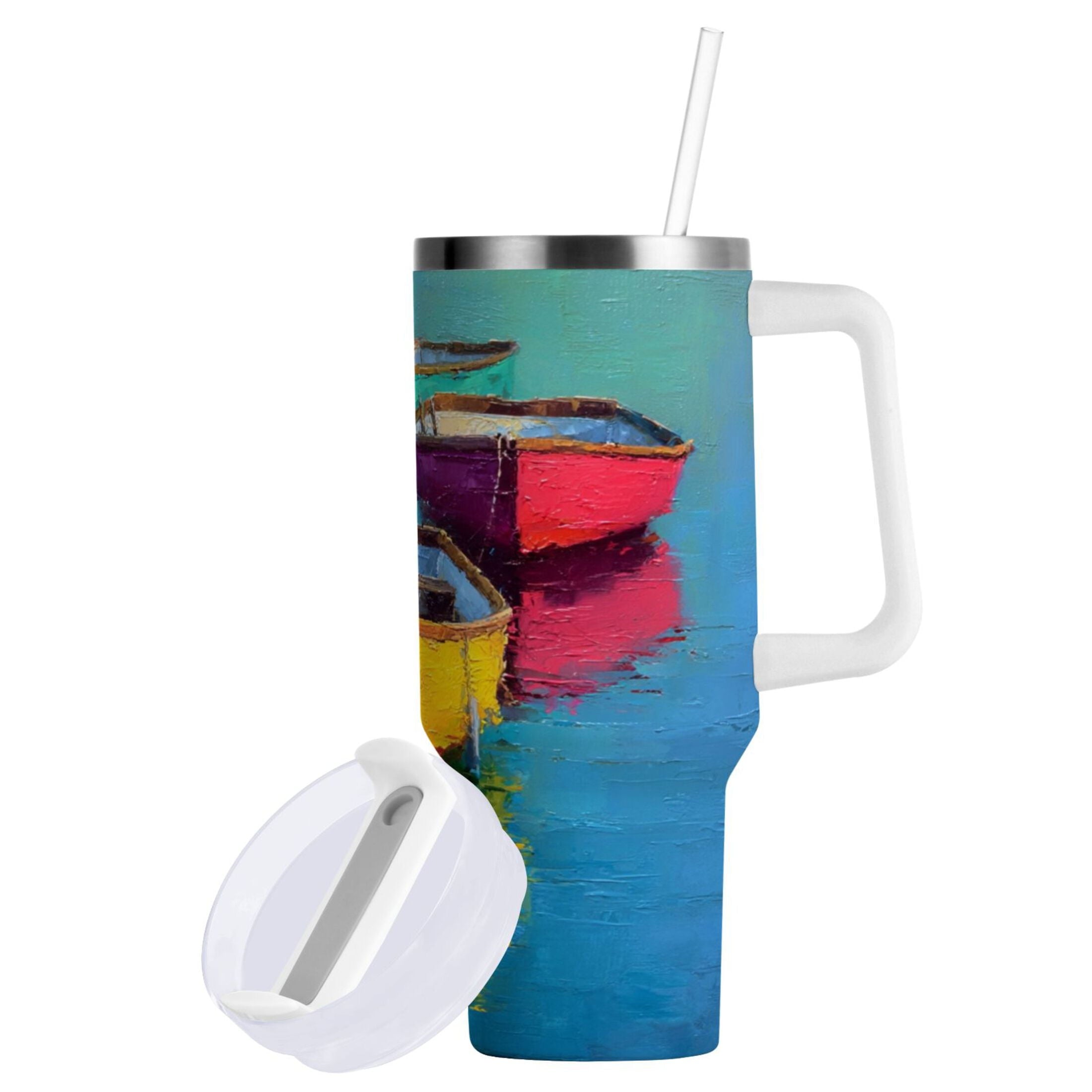 30 oz Insulated Stainless Steel Tumbler Double Wall Stainless Steel Tumbler with 2-Way Drinking Colorful Row Boats O5UI