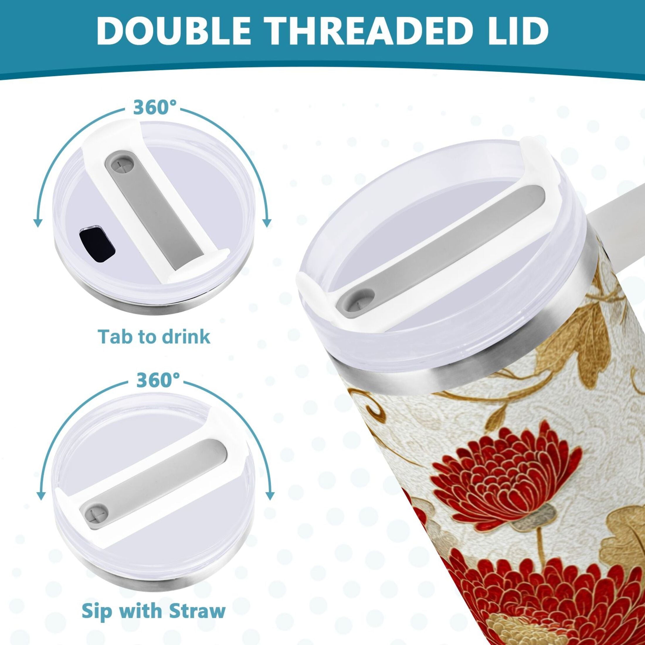 30 oz Insulated Stainless Steel Tumbler Double Wall Stainless Steel Tumbler with 2-Way Drinking Red Chrysanthemum Pattern 77N7