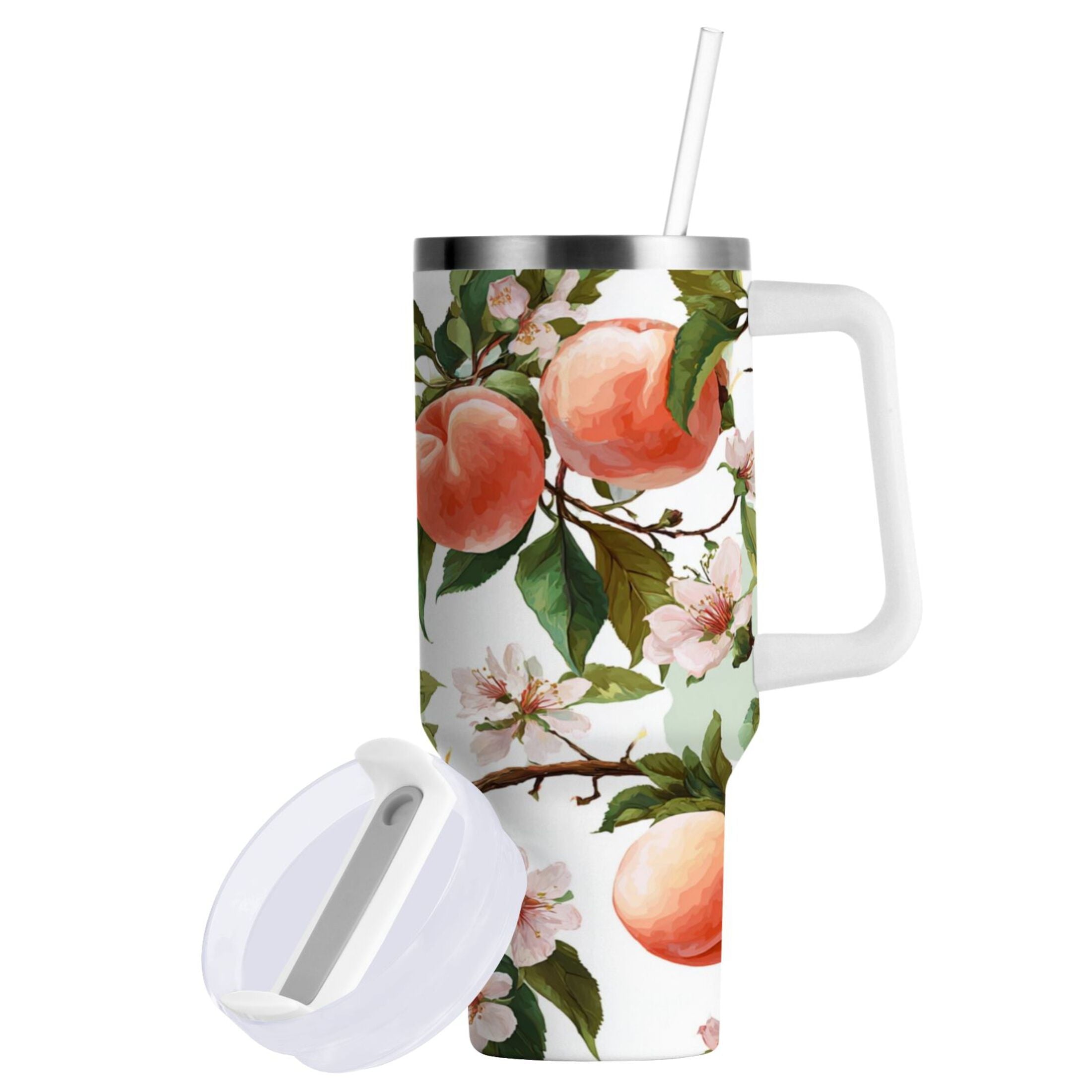 30 oz Insulated Stainless Steel Tumbler Double Wall Stainless Steel Tumbler with 2-Way Drinking Peach Fruit Pattern C5AO