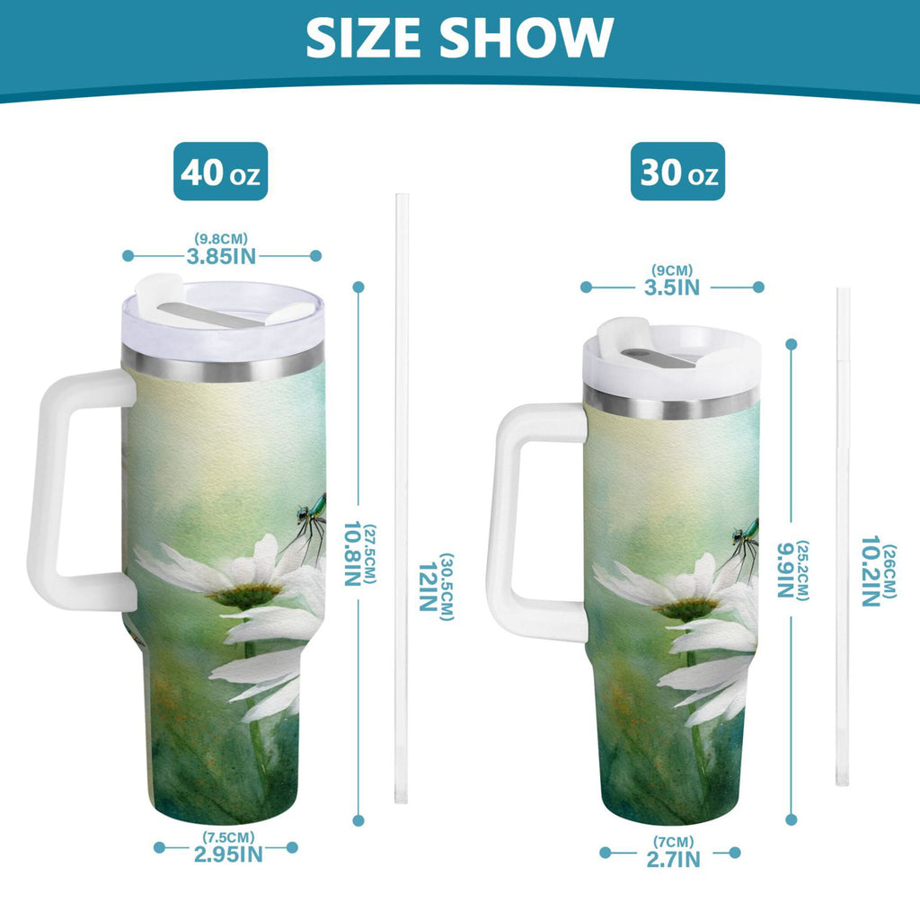 30 oz Insulated Stainless Steel Tumbler Double Wall Stainless Steel Tumbler with 2-Way Drinking Beautiful Dragonflies and Daisies SCEJ