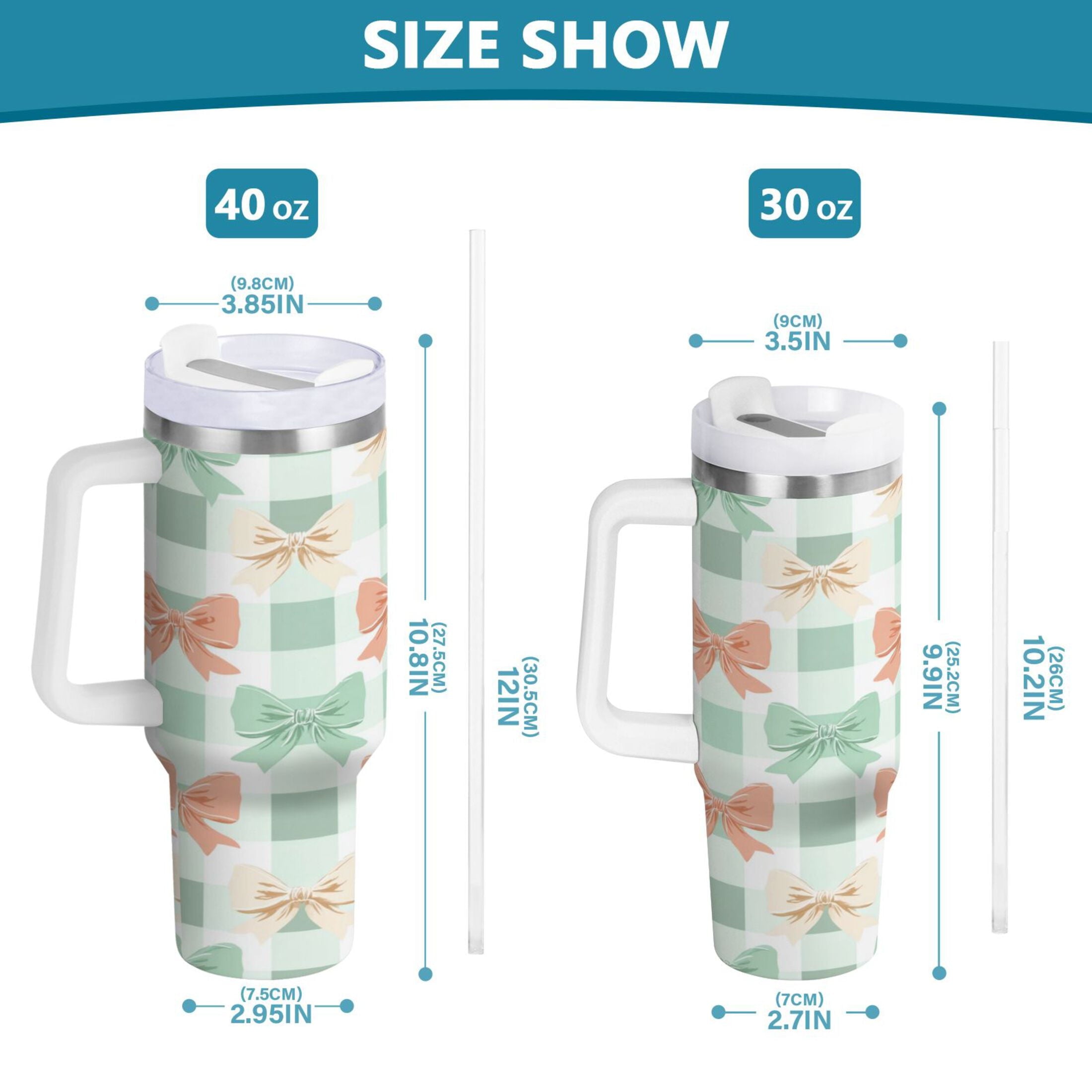 40 oz Insulated Stainless Steel Tumbler Double Wall Stainless Steel Tumbler with 2-Way Drinking Green and Peach Bow Pattern GQJO