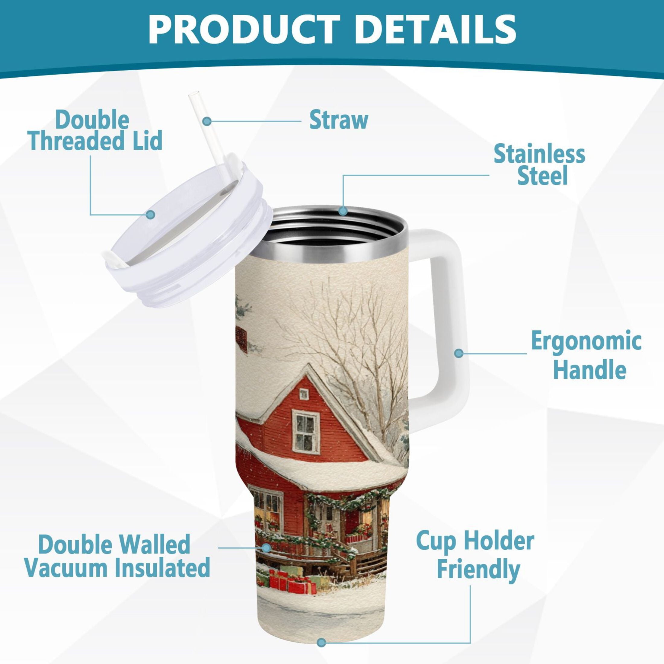 40 oz Insulated Stainless Steel Tumbler Double Wall Stainless Steel Tumbler with 2-Way Drinking House with Snow-covered Roof GCBM