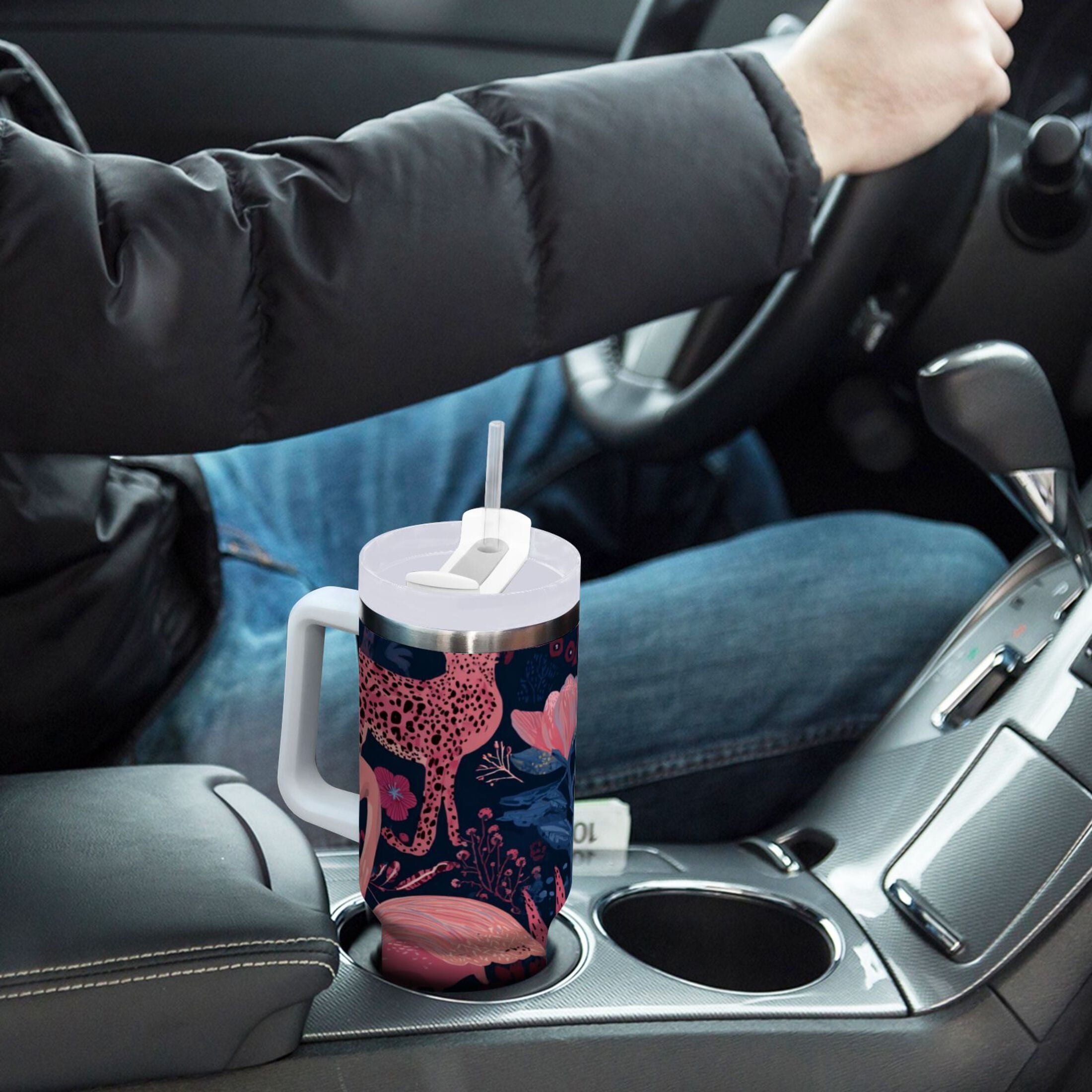 30 oz Insulated Stainless Steel Tumbler Double Wall Stainless Steel Tumbler with 2-Way Drinking Flamingos and Leopard Print UX3O