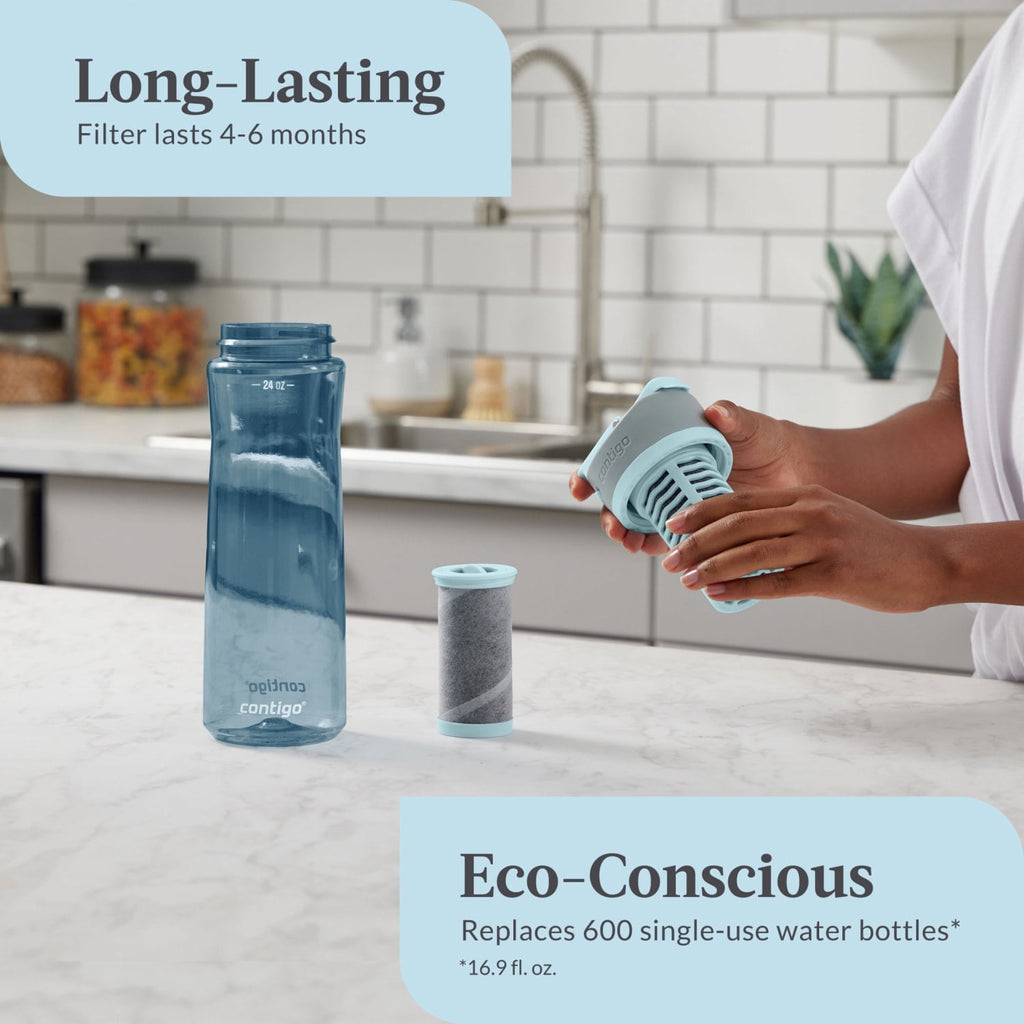 (2 pack) Contigo Clybourn Plastic FreeFlow Filter Water Bottle with AUTOSEAL Lid 24 oz., Dark Ice, with Replacable Filter KBT7