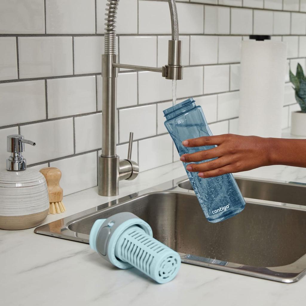 (2 pack) Contigo Clybourn Plastic FreeFlow Filter Water Bottle with AUTOSEAL Lid 24 oz., Dark Ice, with Replacable Filter KBT7