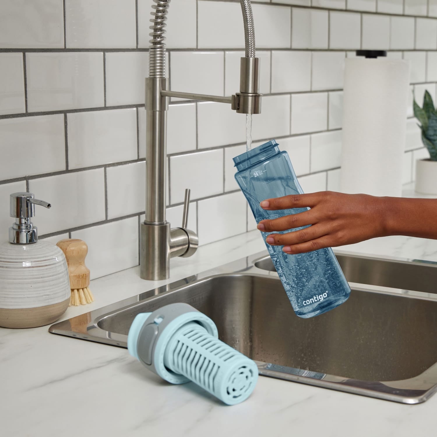 (2 pack) Contigo Clybourn Plastic FreeFlow Filter Water Bottle with AUTOSEAL Lid 24 oz., Dark Ice, with Replacable Filter KBT7