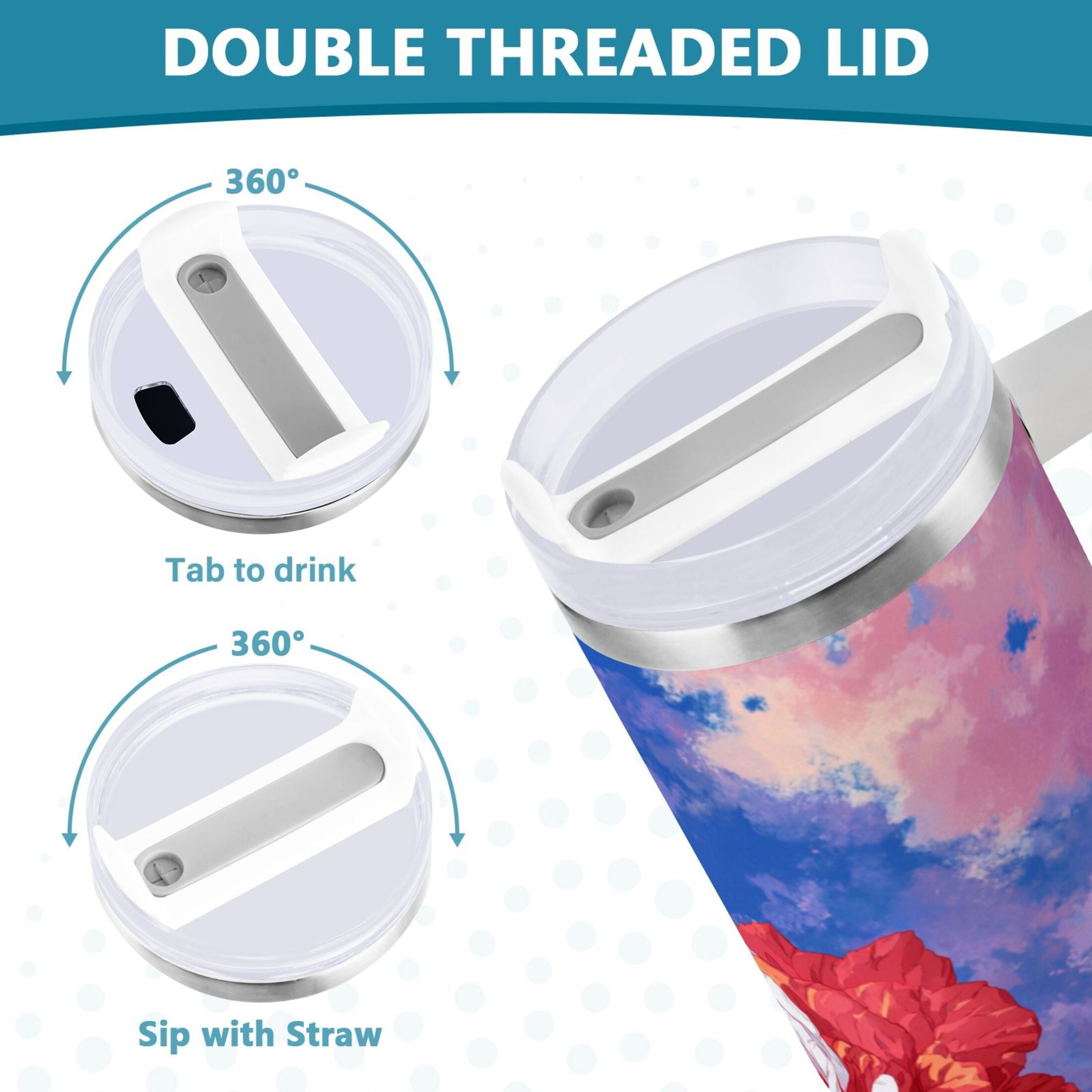 30 oz Insulated Stainless Steel Tumbler Double Wall Stainless Steel Tumbler with 2-Way Drinking Rose with Flag Pattern PENC