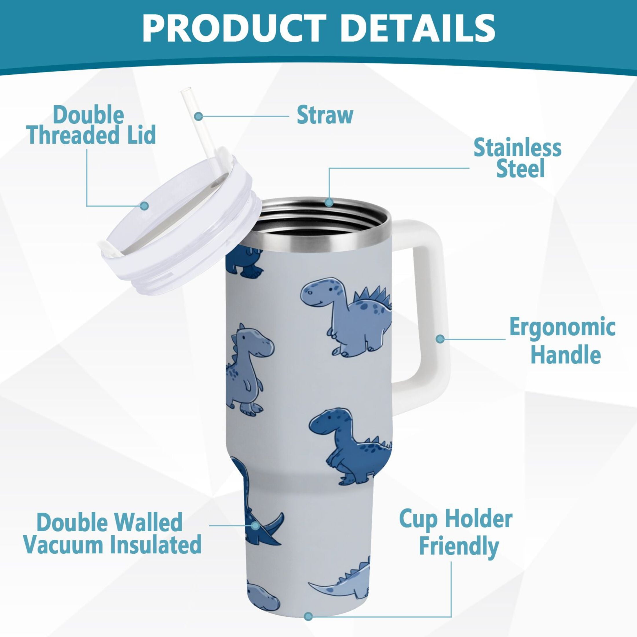 30 oz Insulated Stainless Steel Tumbler Double Wall Stainless Steel Tumbler with 2-Way Drinking Cute Blue Dinosaurs F4LR