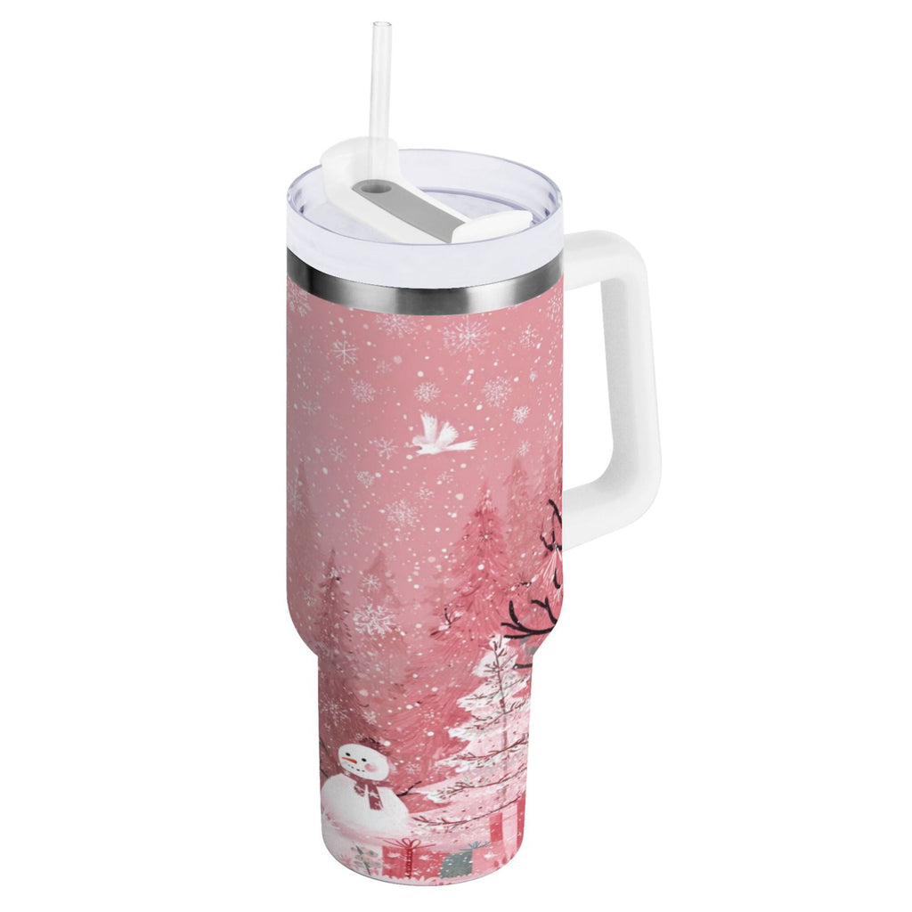 40 oz Insulated Stainless Steel Tumbler Double Wall Stainless Steel Tumbler with 2-Way Drinking Christmas Forest with Snowmen Y2MV