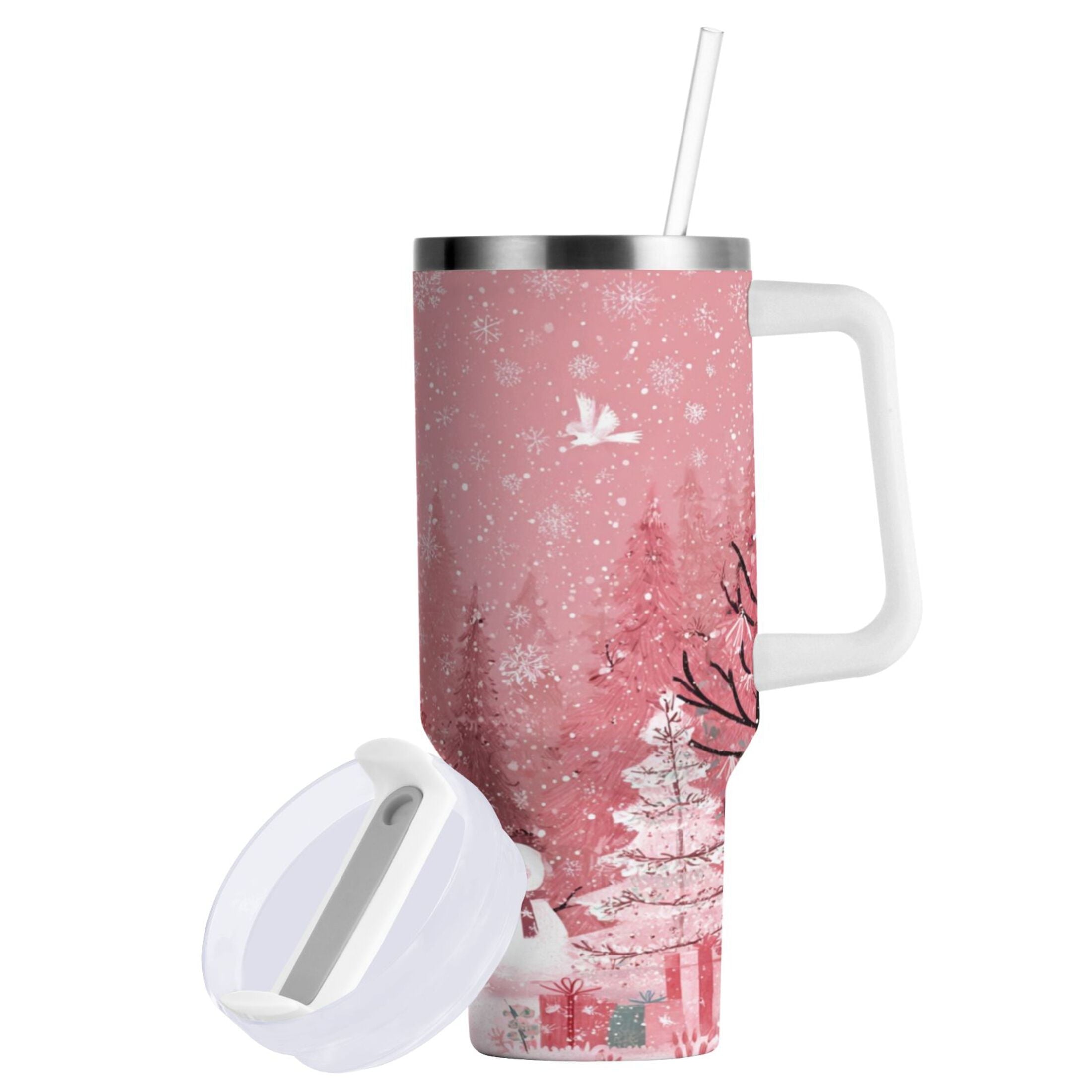 40 oz Insulated Stainless Steel Tumbler Double Wall Stainless Steel Tumbler with 2-Way Drinking Christmas Forest with Snowmen Y2MV