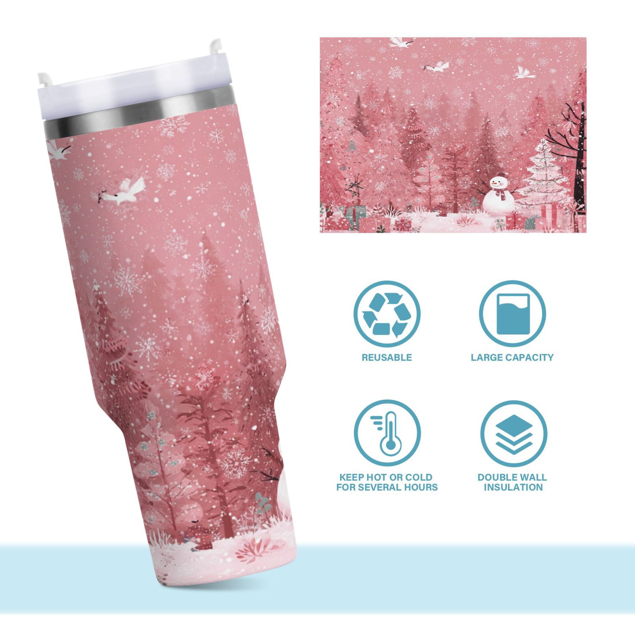 40 oz Insulated Stainless Steel Tumbler Double Wall Stainless Steel Tumbler with 2-Way Drinking Christmas Forest with Snowmen Y2MV