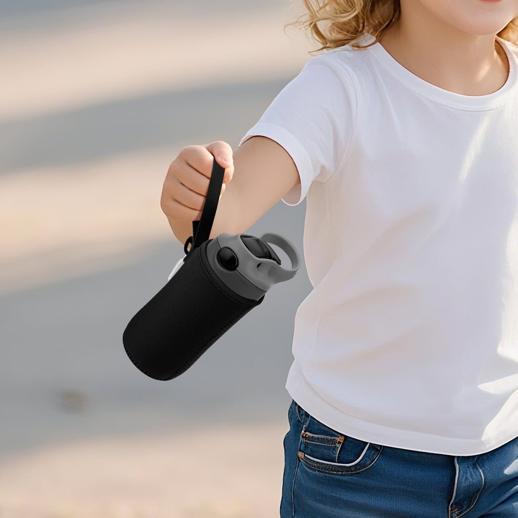 Linkidea Water Bottle Sleeve Compatible with Contigo Aubrey Tritan 14oz, Steel 13oz Kids Bottle, Waterbottle Holder Bag with Name Tag, Black HOK1