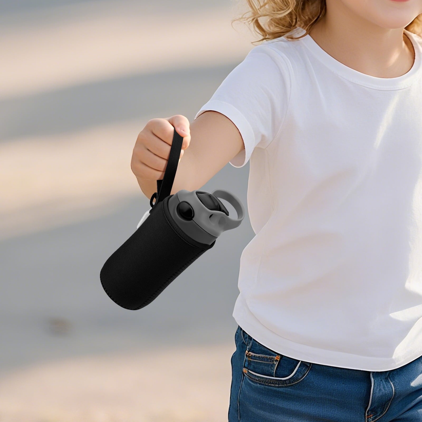 Linkidea Water Bottle Sleeve Compatible with Contigo Aubrey Tritan 14oz, Steel 13oz Kids Bottle, Waterbottle Holder Bag with Name Tag, Black HOK1