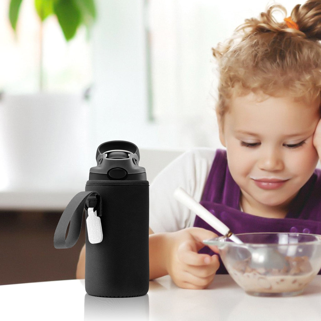 Linkidea Water Bottle Sleeve Compatible with Contigo Aubrey Tritan 14oz, Steel 13oz Kids Bottle, Waterbottle Holder Bag with Name Tag, Black HOK1