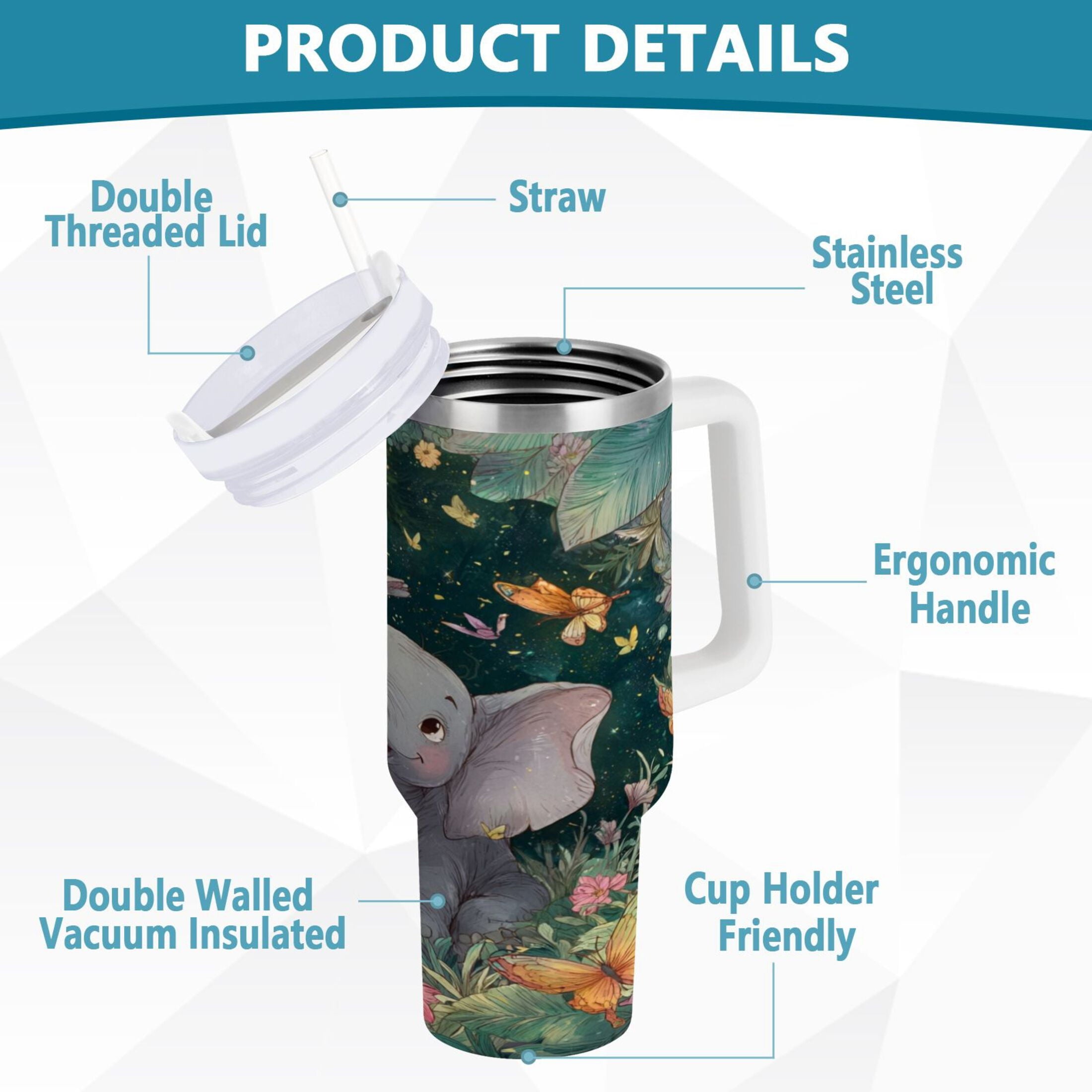 40 oz Insulated Stainless Steel Tumbler Double Wall Stainless Steel Tumbler with 2-Way Drinking Cute Elephant NAEP