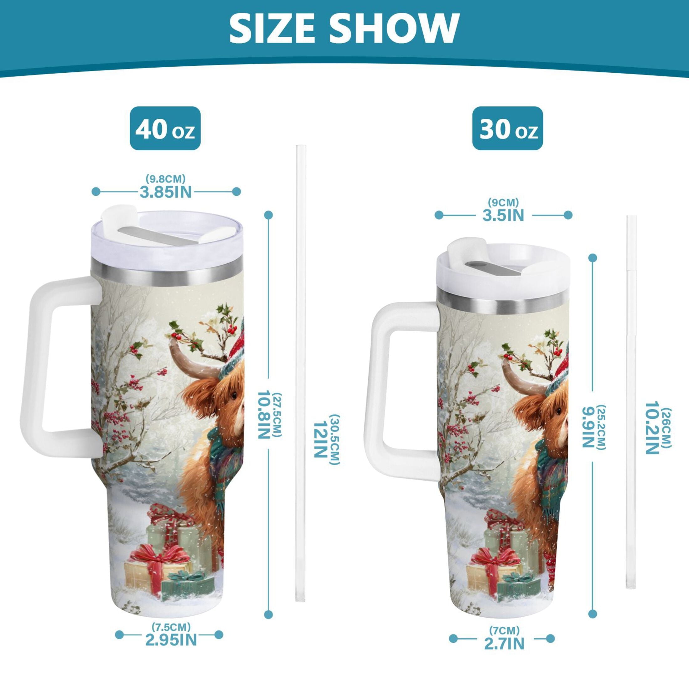 30 oz Insulated Stainless Steel Tumbler Double Wall Stainless Steel Tumbler with 2-Way Drinking Cow Wearing Christmas Hat KAB7