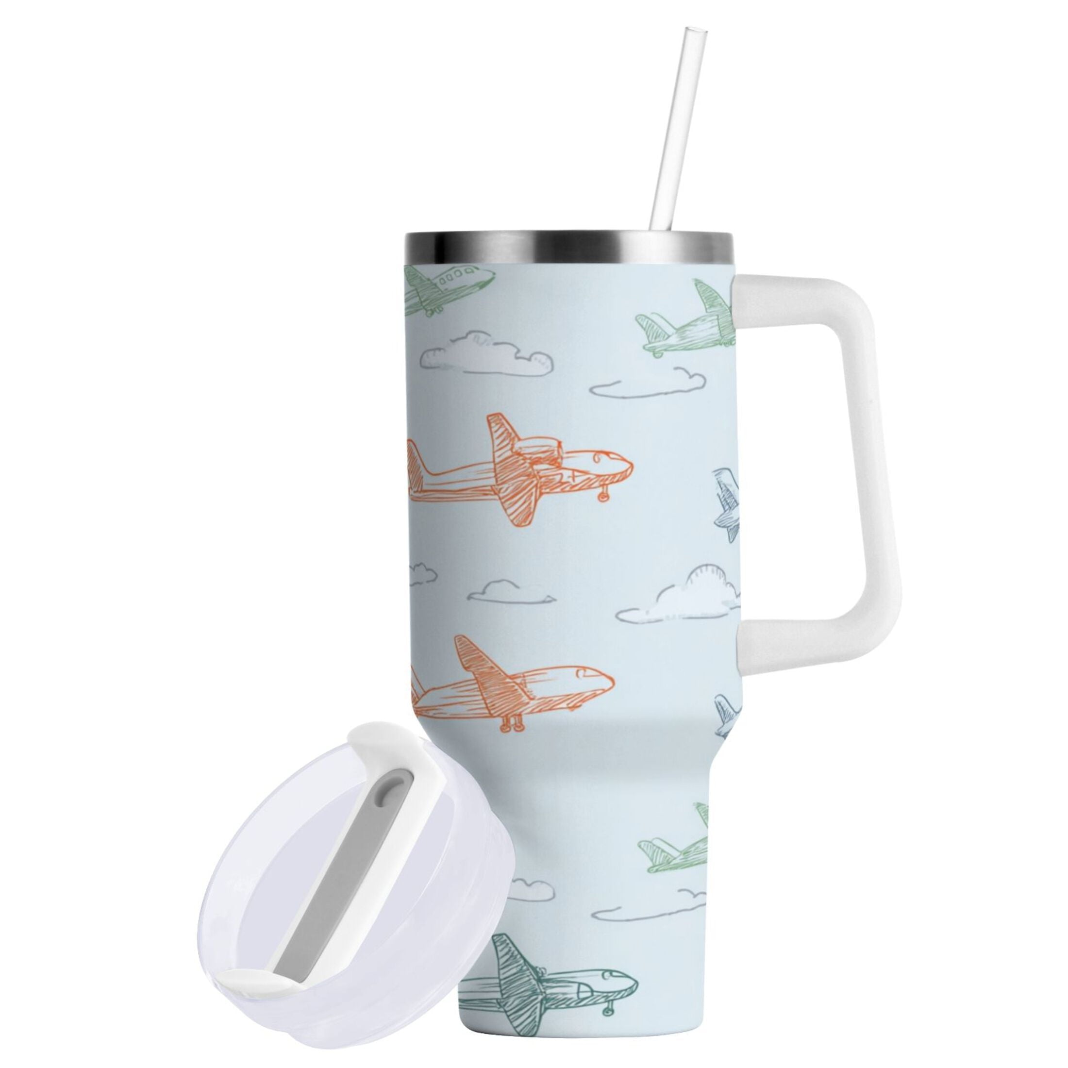 30 oz Insulated Stainless Steel Tumbler Double Wall Stainless Steel Tumbler with 2-Way Drinking Pastel Doodle Airplanes 1WDE